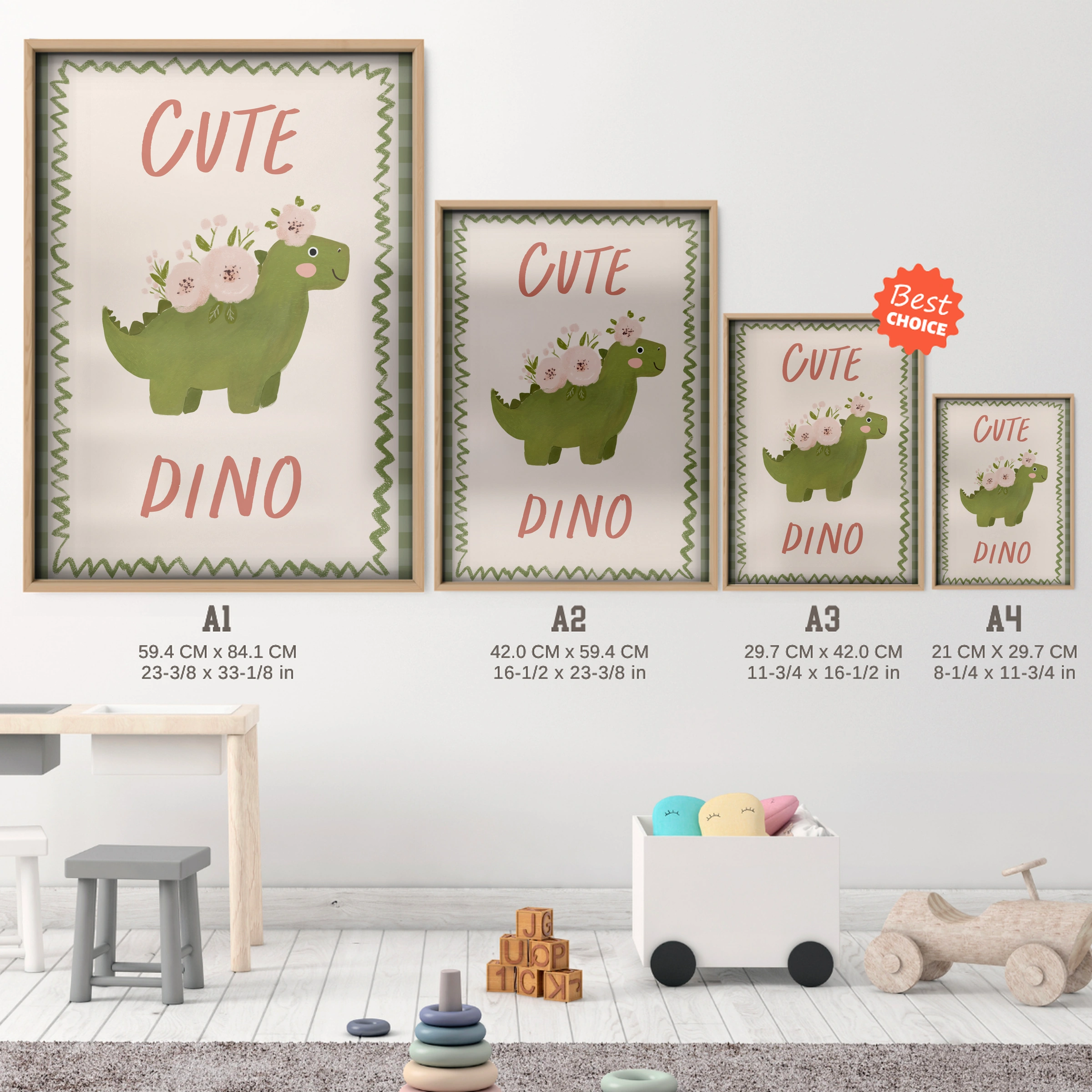 Cute Dino Nursery Print - size guide A4 A3 A2 A1 nursery print