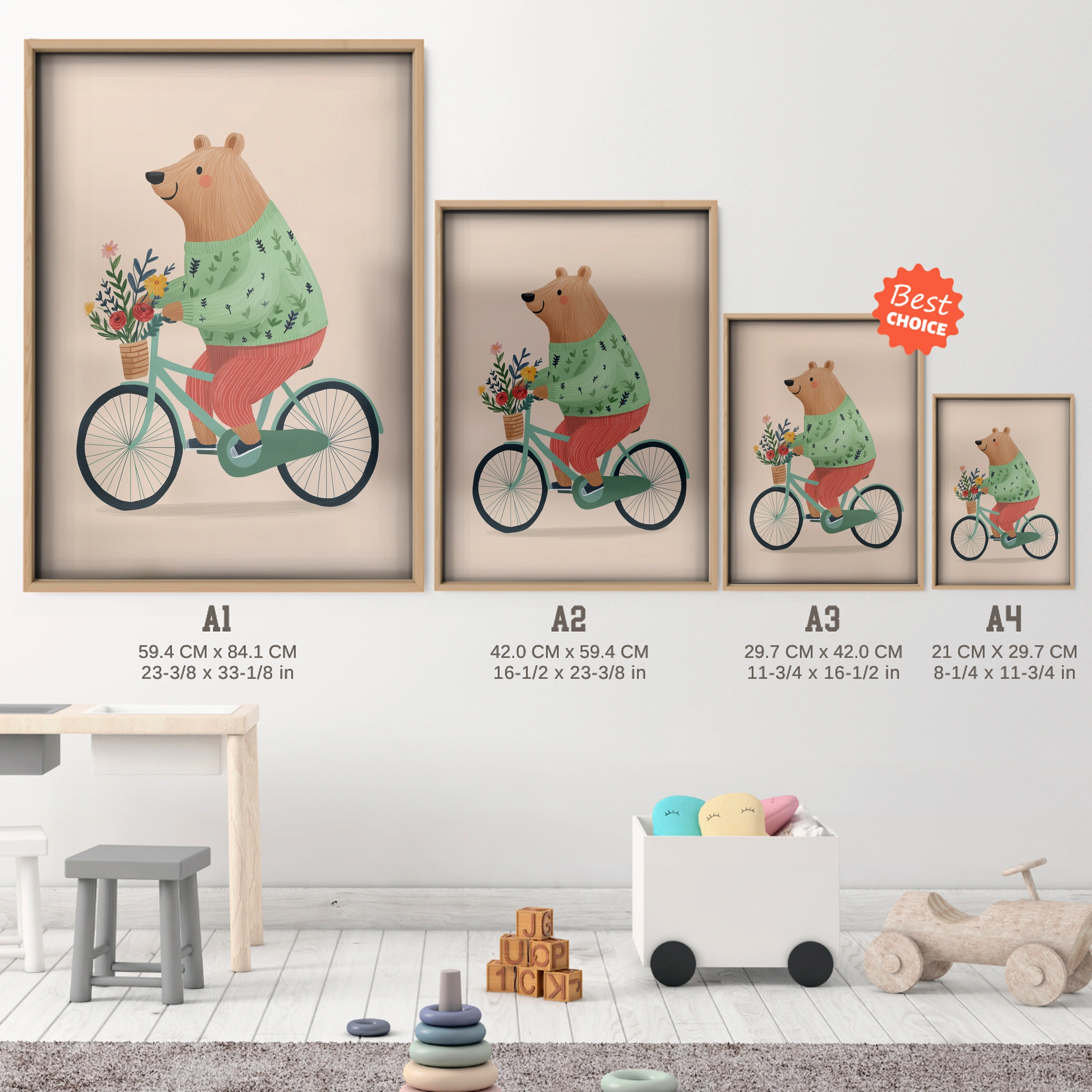 Cycling Bear Nursery Print - size guide A4 A3 A2 A1 nursery print