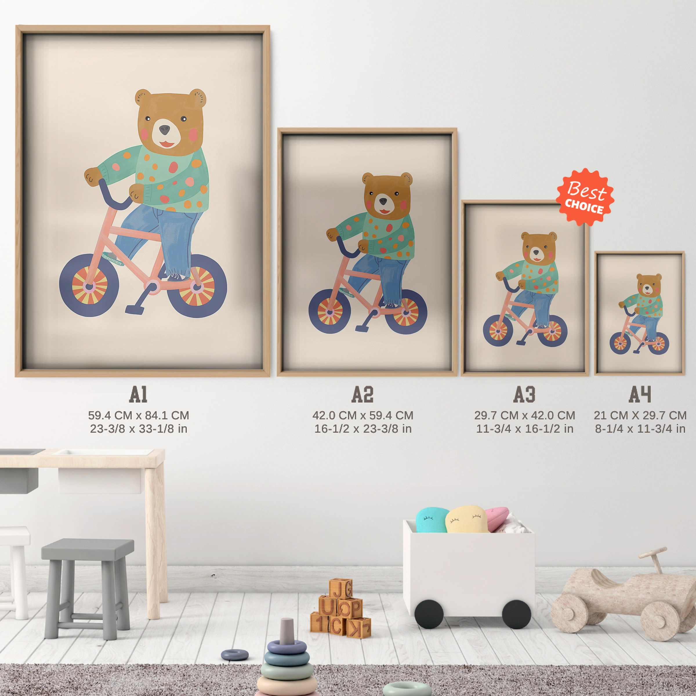 Cycling Bear Two Nursery Print - size guide A4 A3 A2 A1 nursery print