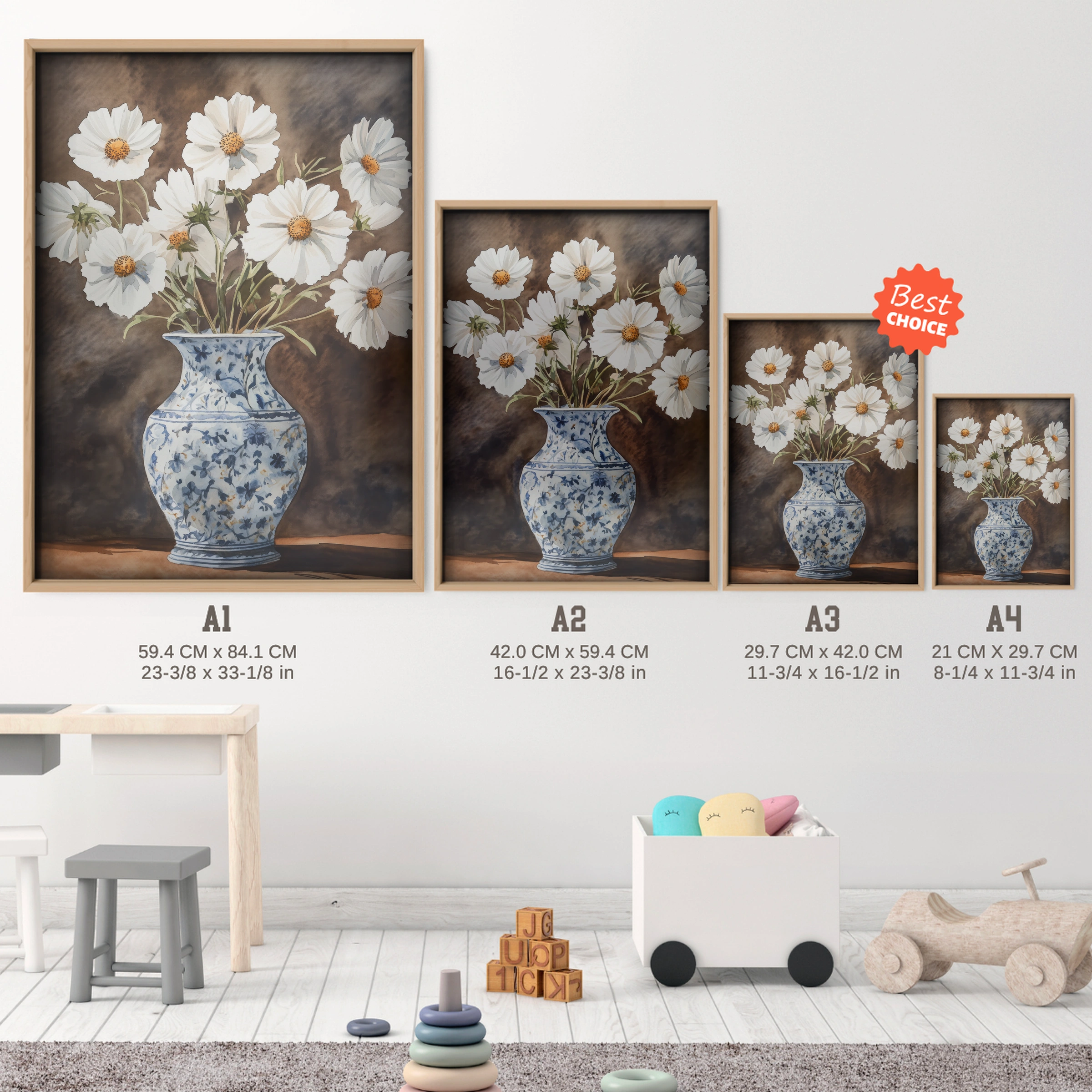 Daisies in a Blue Vase Nursery Print - size guide A4 A3 A2 A1 nursery print
