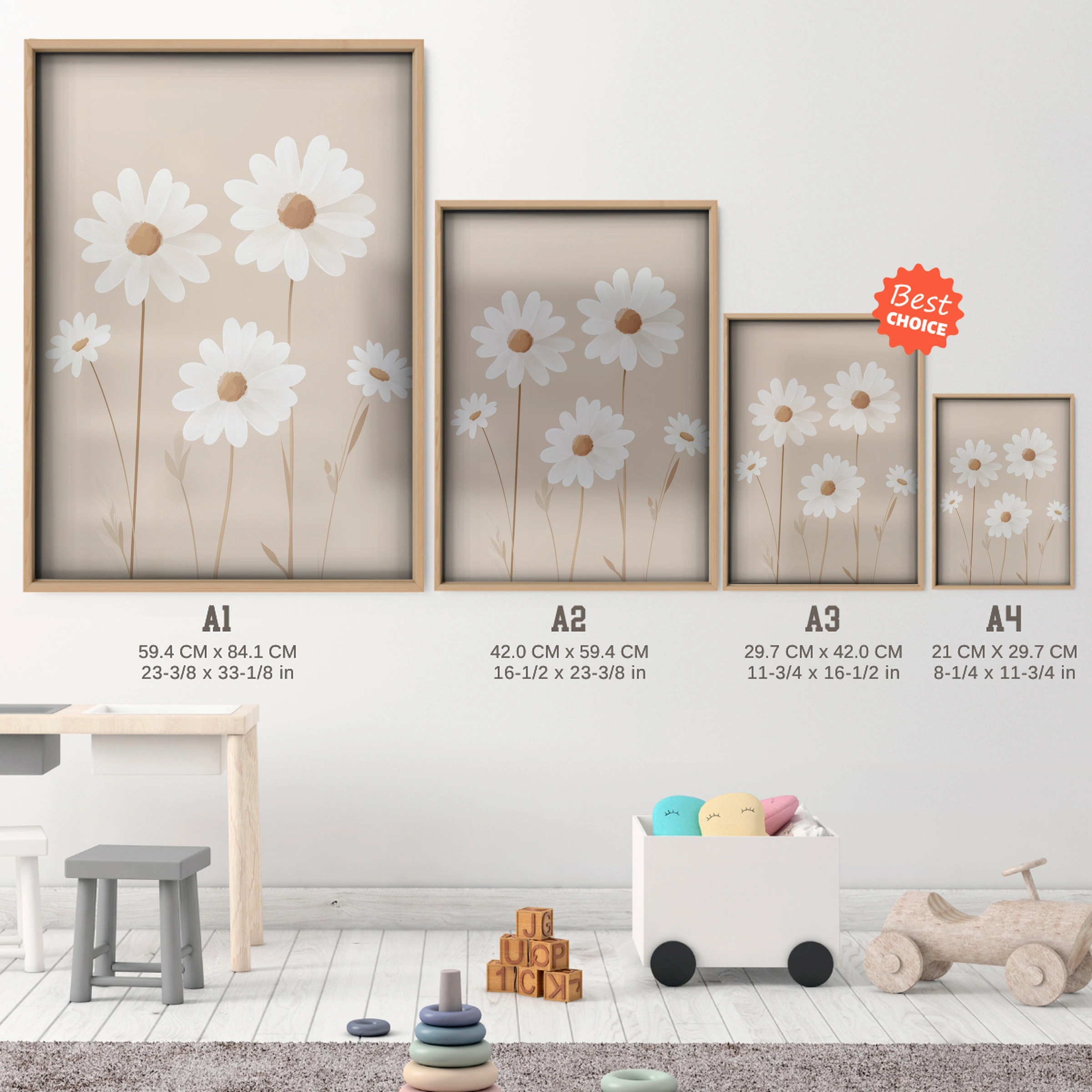 Daisies Nursery Print - size guide A4 A3 A2 A1 nursery print