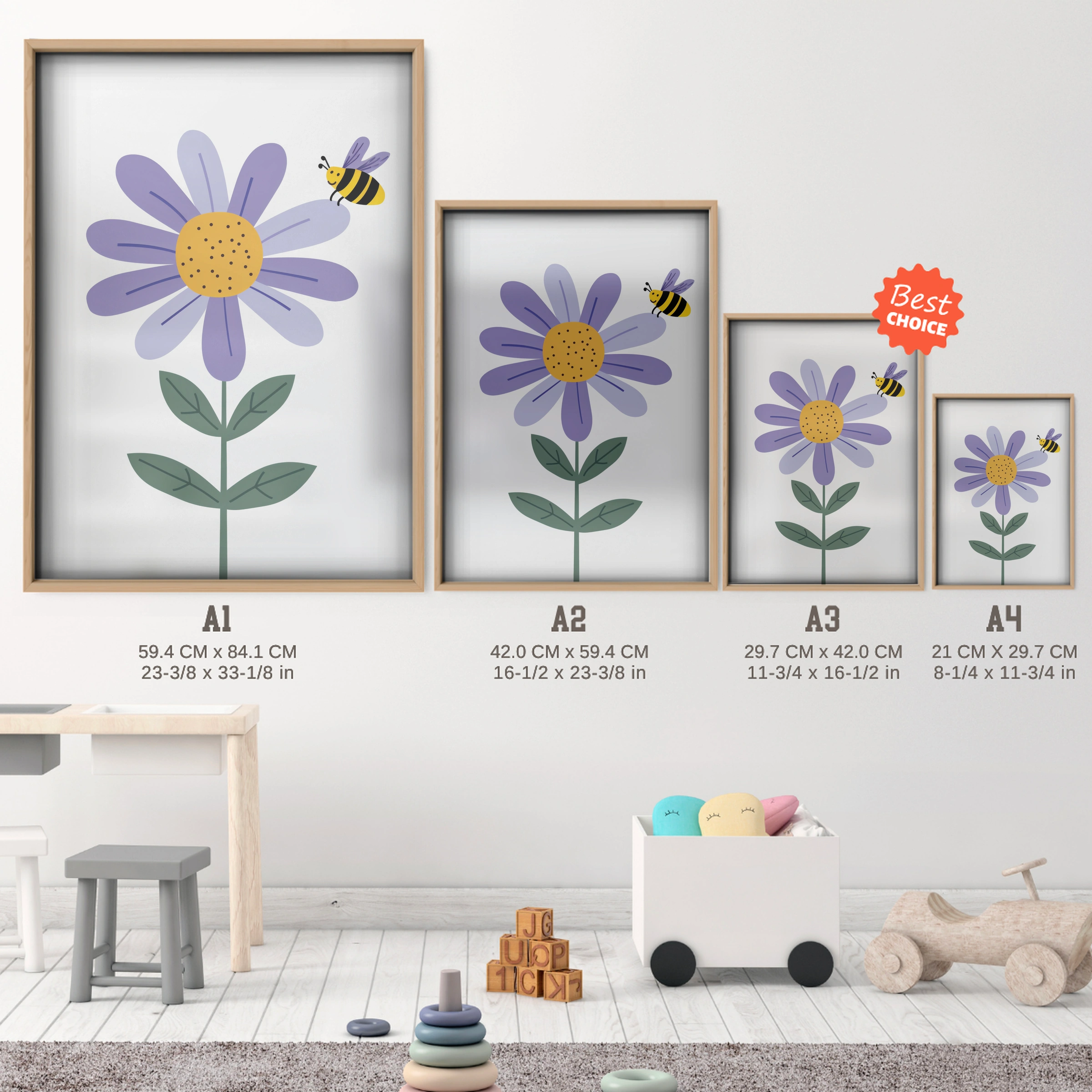 Daisy and a Bee Nursery Print - size guide A4 A3 A2 A1 nursery print