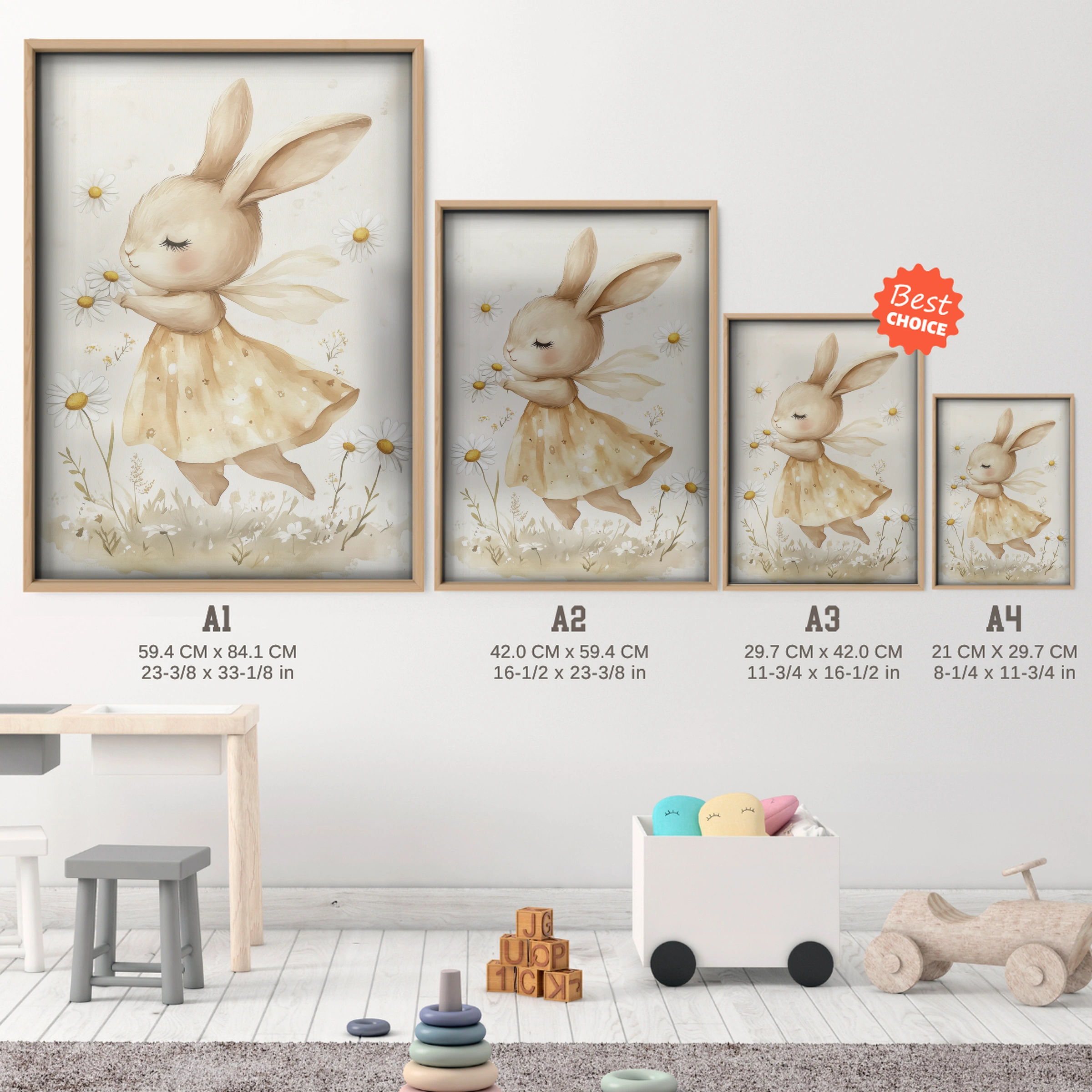 Daisy Bunny Nursery Print - size guide A4 A3 A2 A1 nursery print