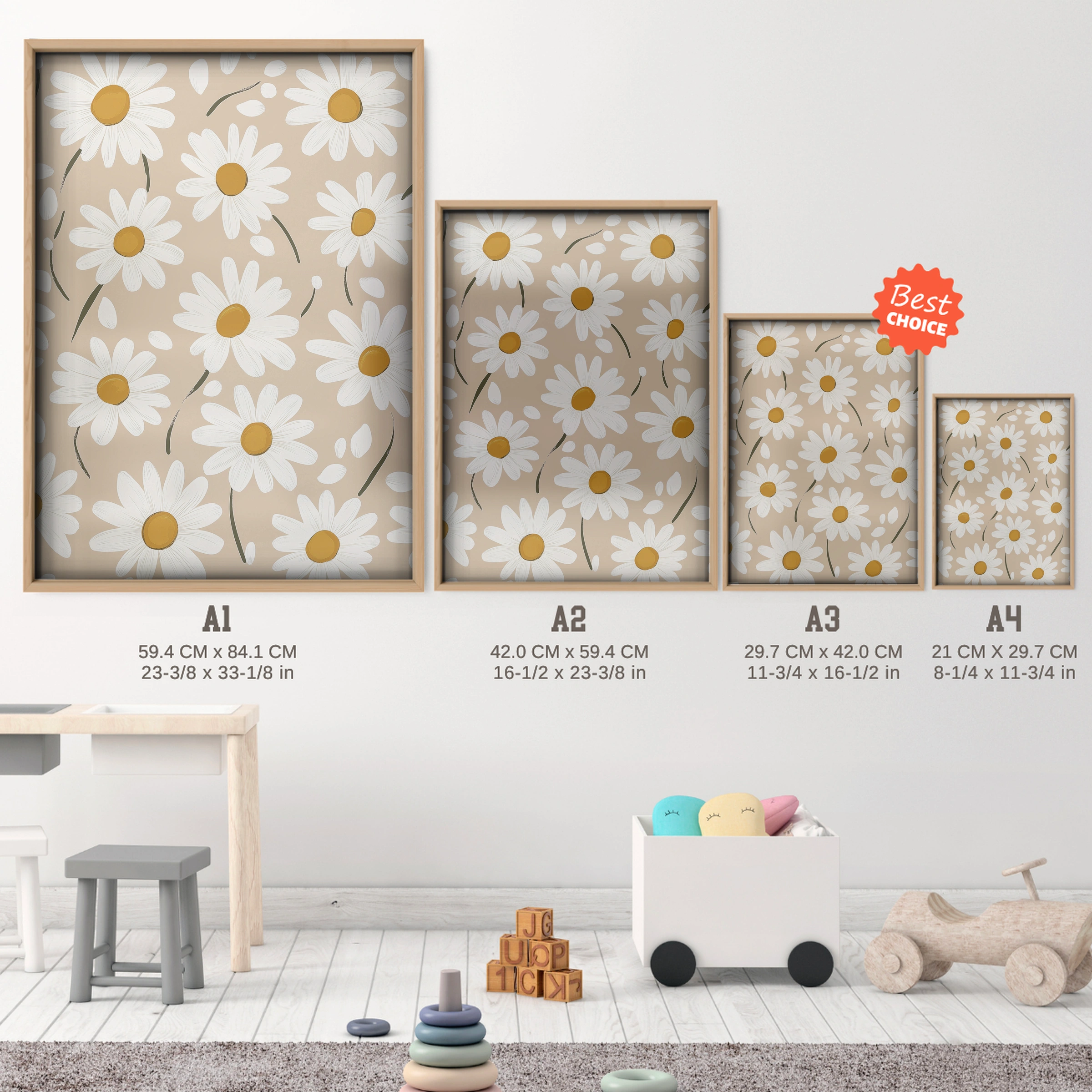 Daisy Field Pattern Nursery Print - size guide A4 A3 A2 A1 nursery print
