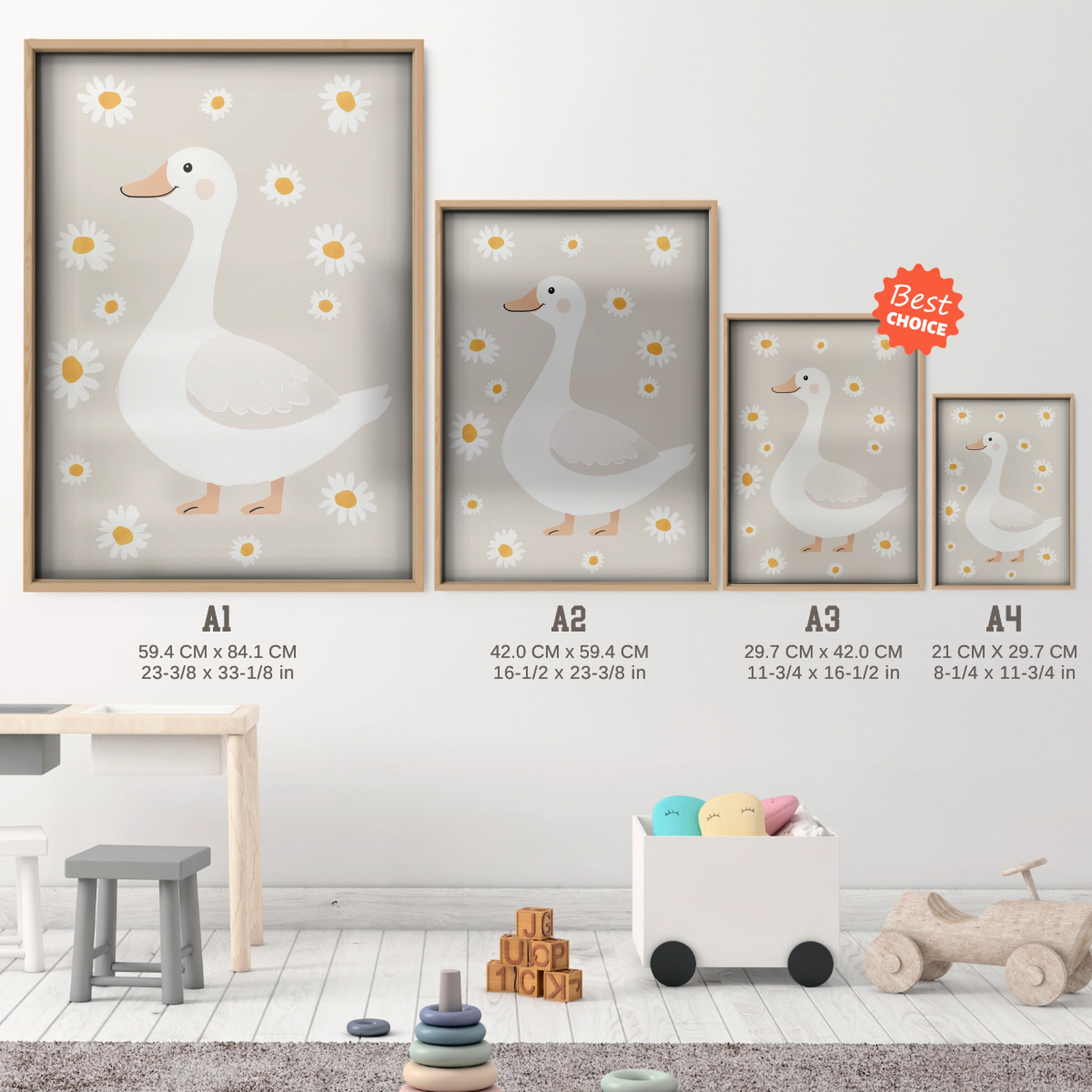 Daisy Goose Nursery Print - size guide A4 A3 A2 A1 nursery print