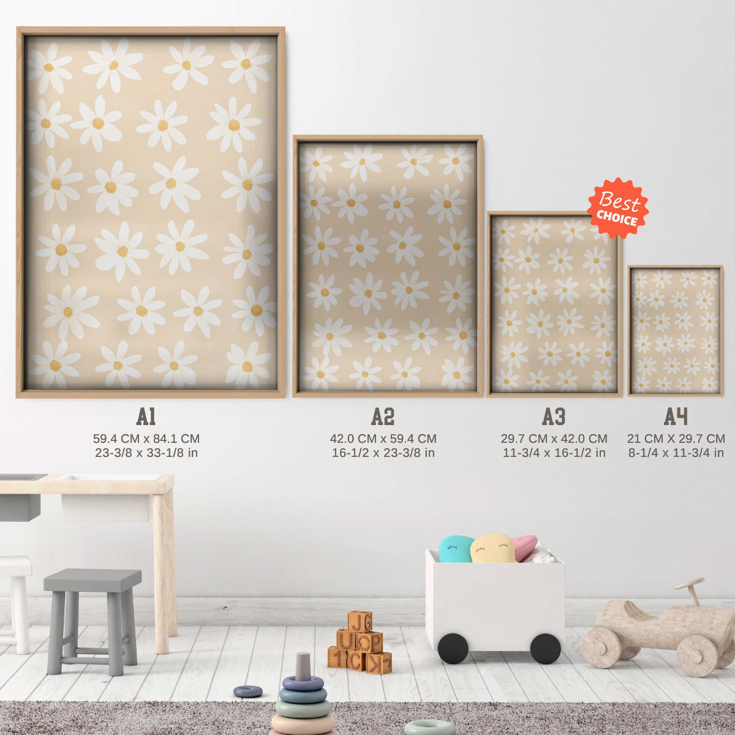 Daisy Pattern Nursery Print - size guide A4 A3 A2 A1 nursery print