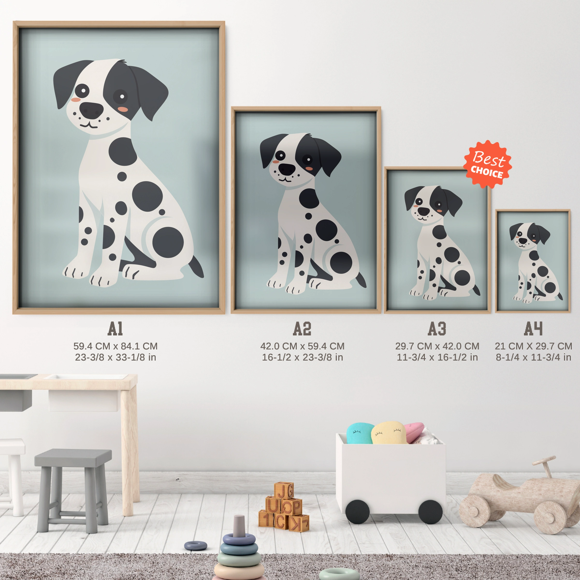Dalmatian Dog Nursery Print - size guide A4 A3 A2 A1 nursery print