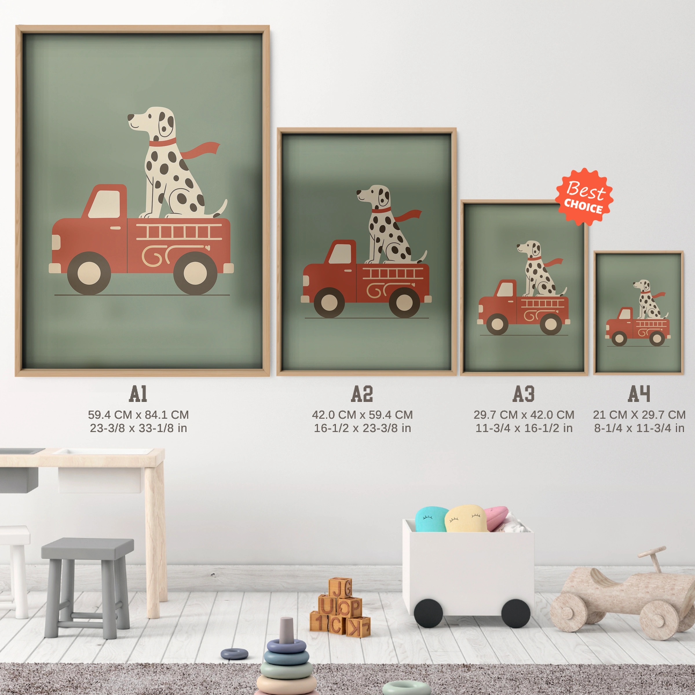 Dalmatian Fire Truck Nursery Print - size guide A4 A3 A2 A1 nursery print