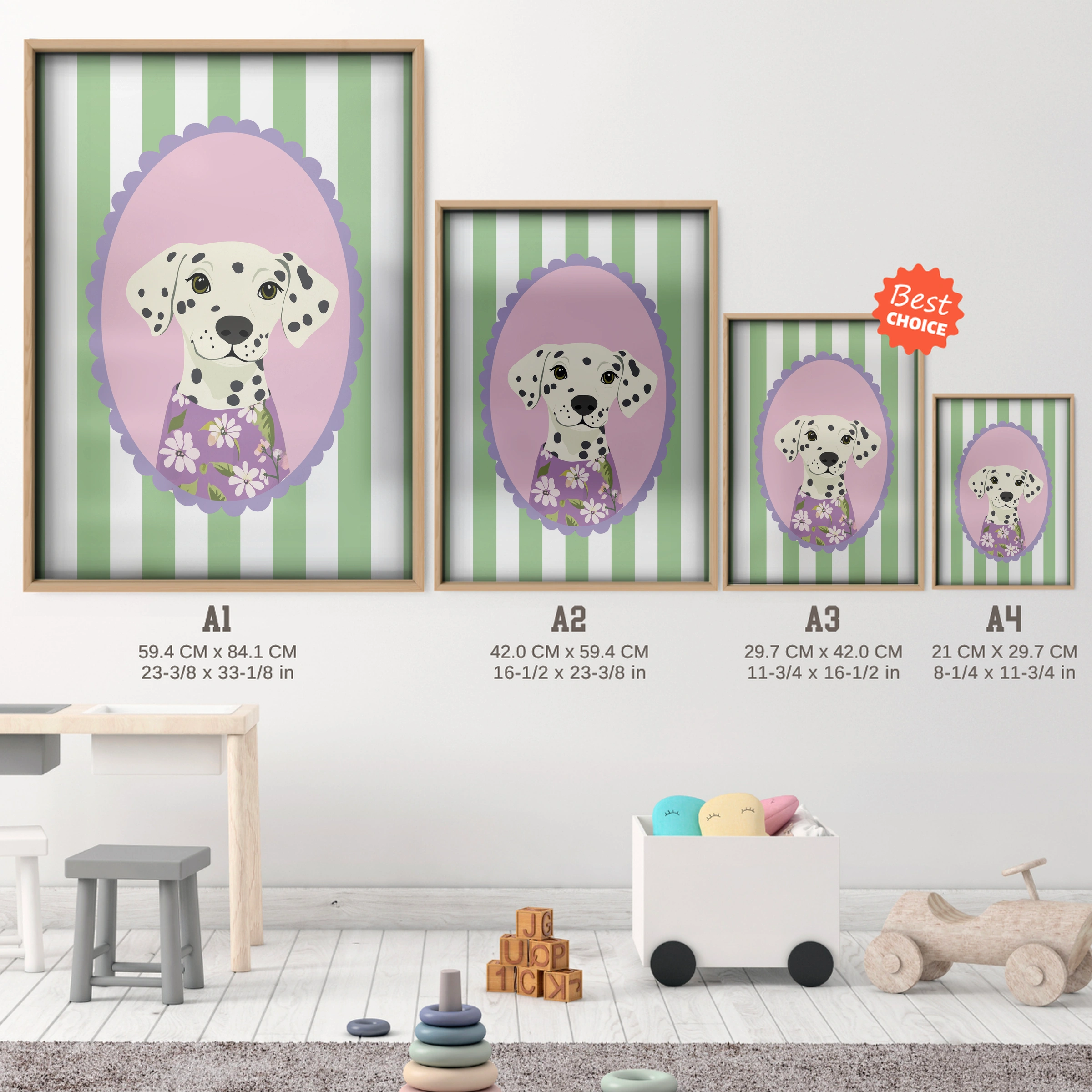 Dalmatian in a Dress Nursery Print - size guide A4 A3 A2 A1 nursery print