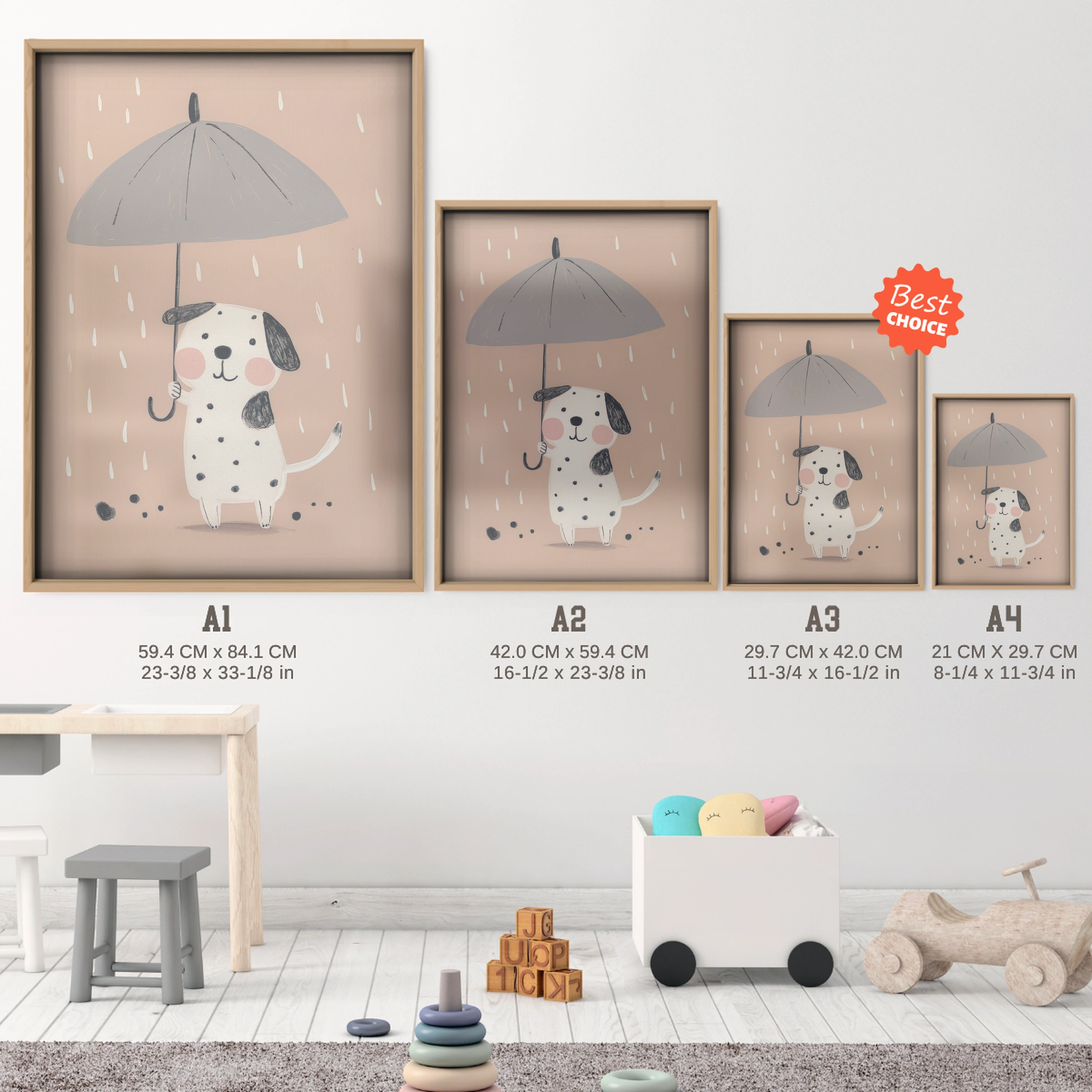 Dalmatian in the Rain Nursery Print - size guide A4 A3 A2 A1 nursery print