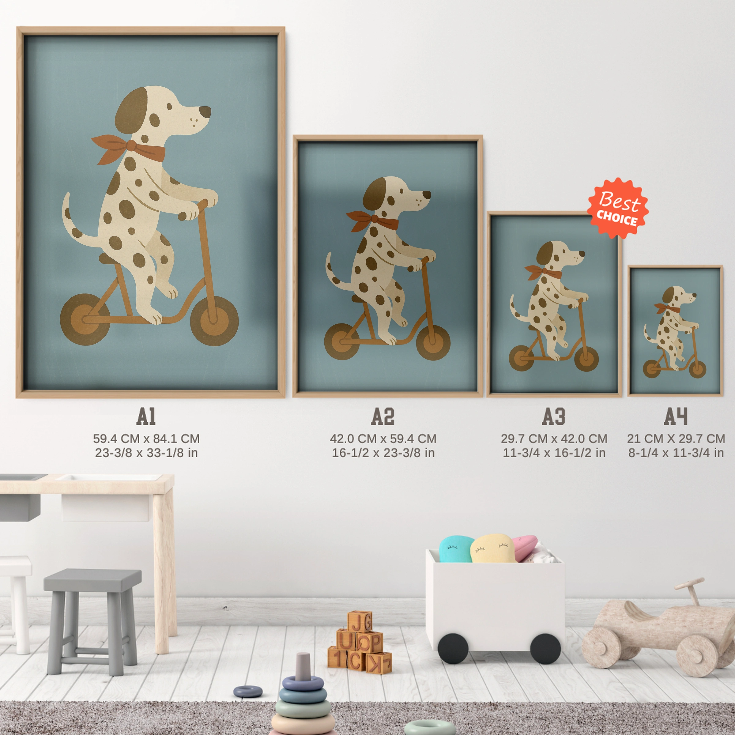 Dalmatian on a Scooter Nursery Print - size guide A4 A3 A2 A1 nursery print