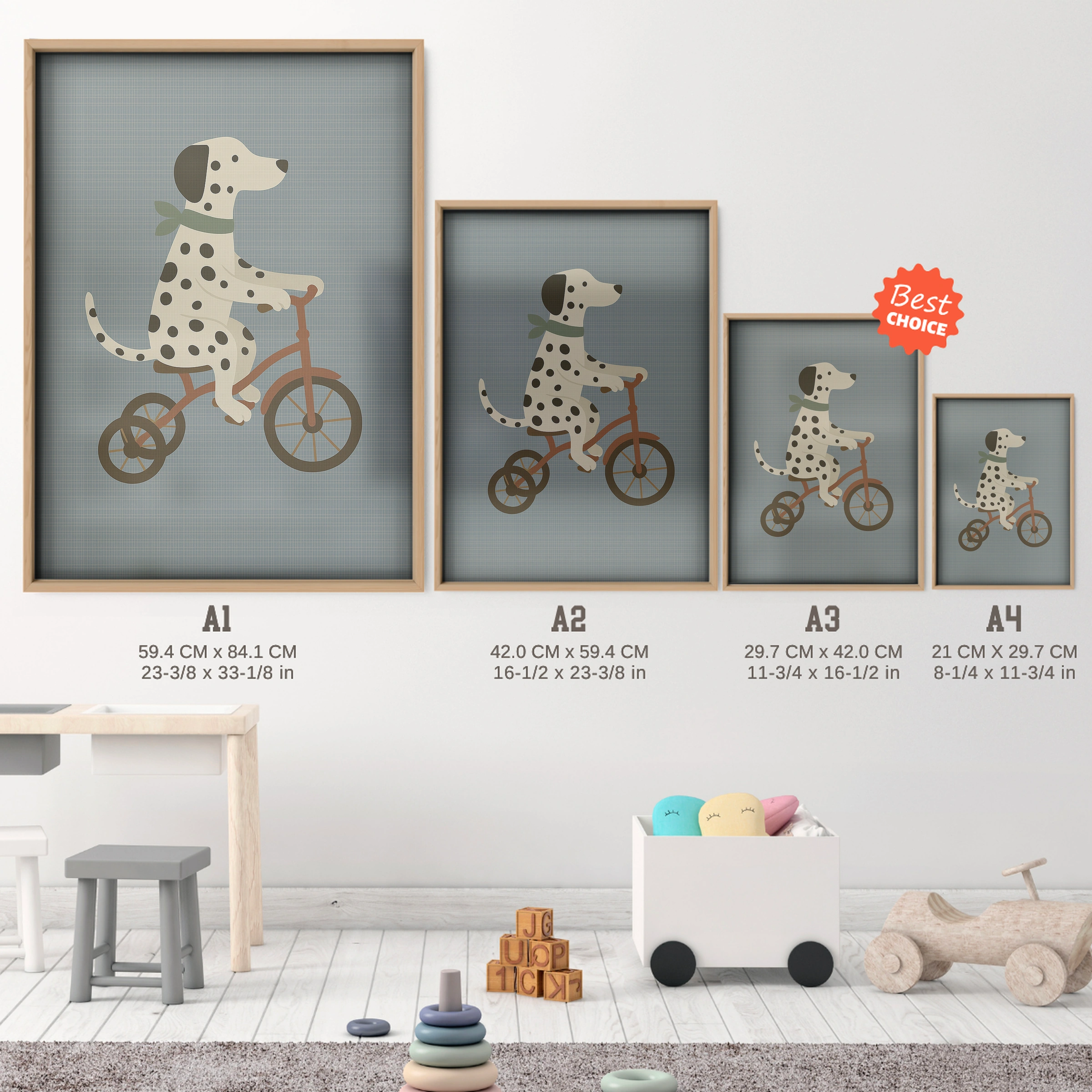 Dalmatian on a Tricycle Nursery Print - size guide A4 A3 A2 A1 nursery print