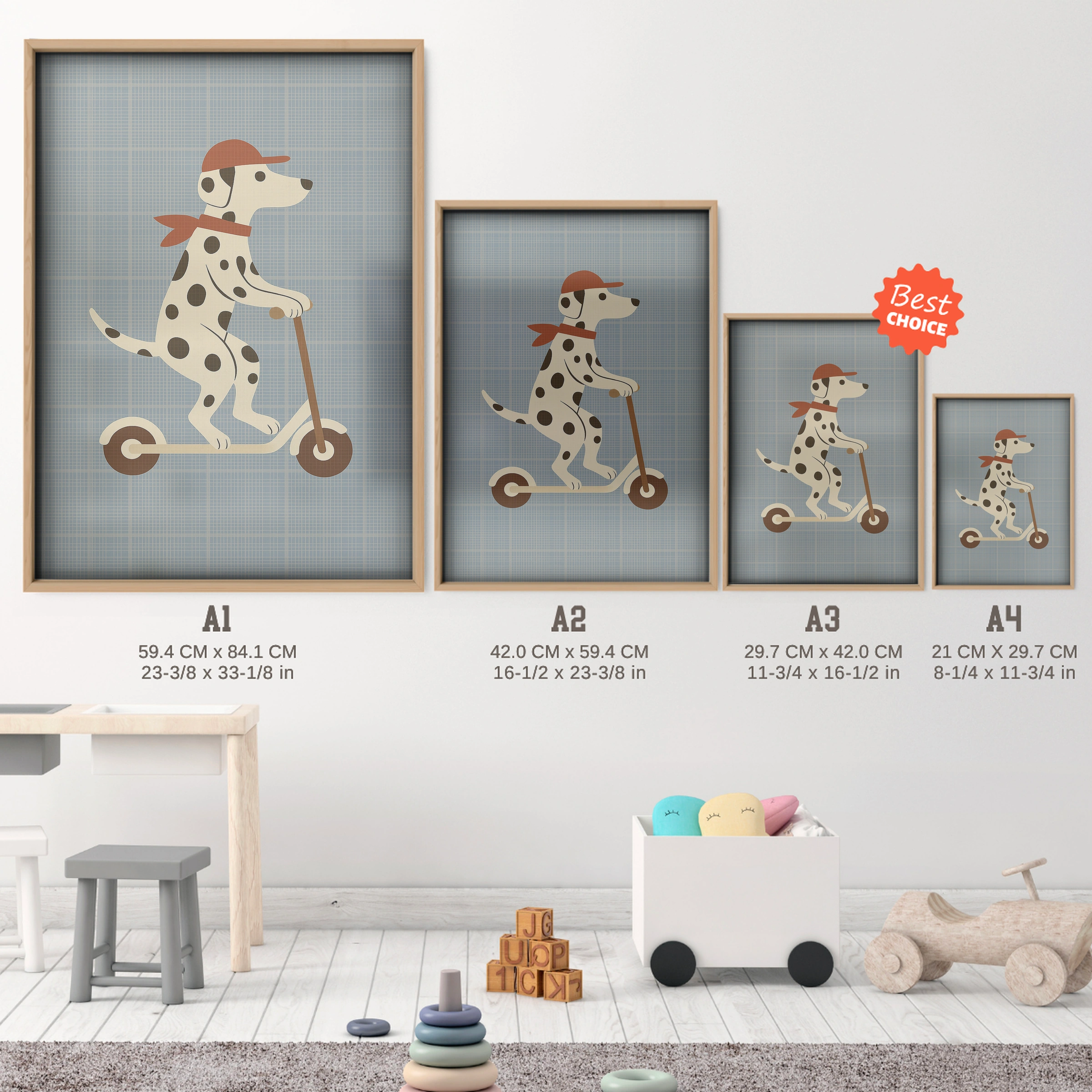 Dalmatian Scooter Ride Nursery Print - size guide A4 A3 A2 A1 nursery print