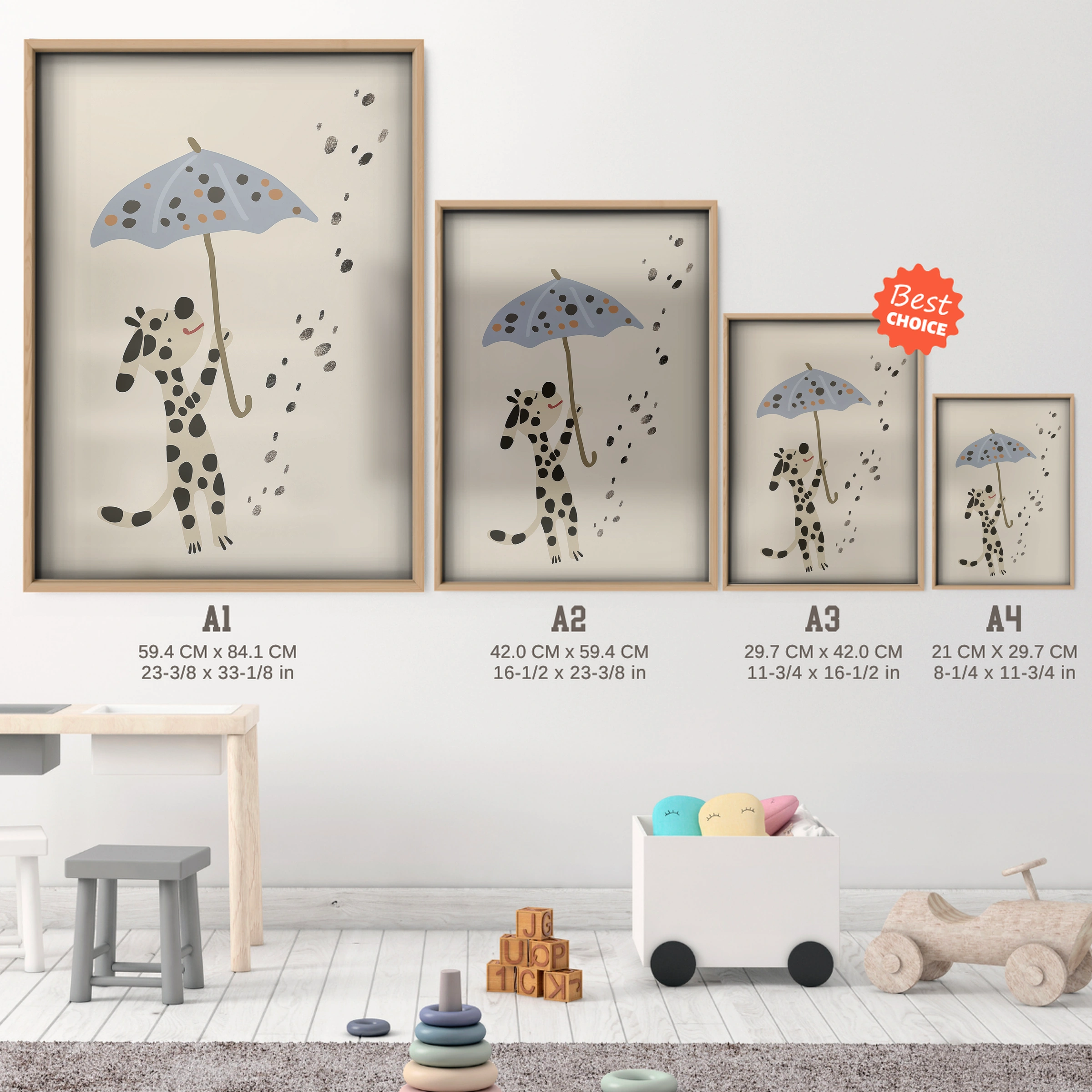 Dalmatian with an Umbrella Nursery Print - size guide A4 A3 A2 A1 nursery print