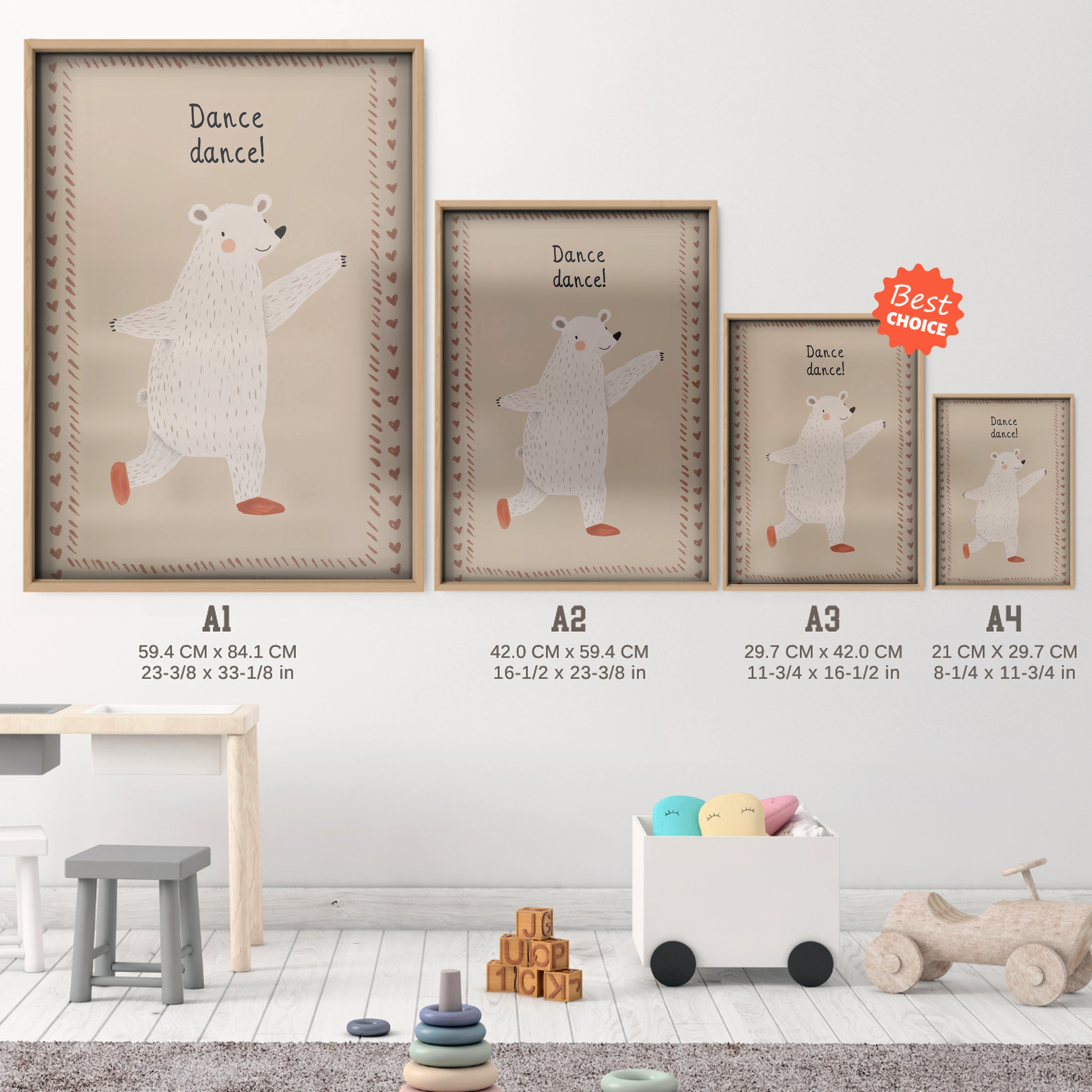 Dance Dance Bear Nursery Print - size guide A4 A3 A2 A1 nursery print