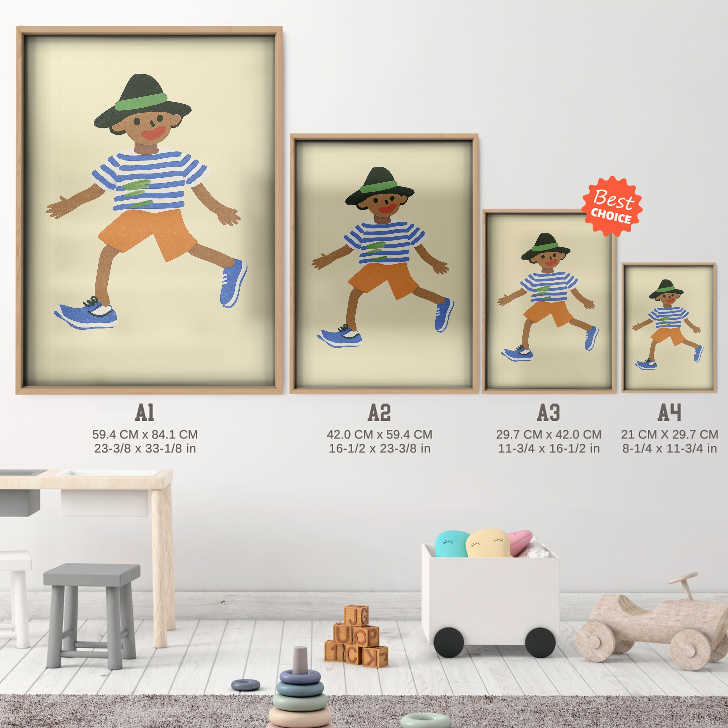 Dancing Boy Nursery Print - size guide A4 A3 A2 A1 nursery print