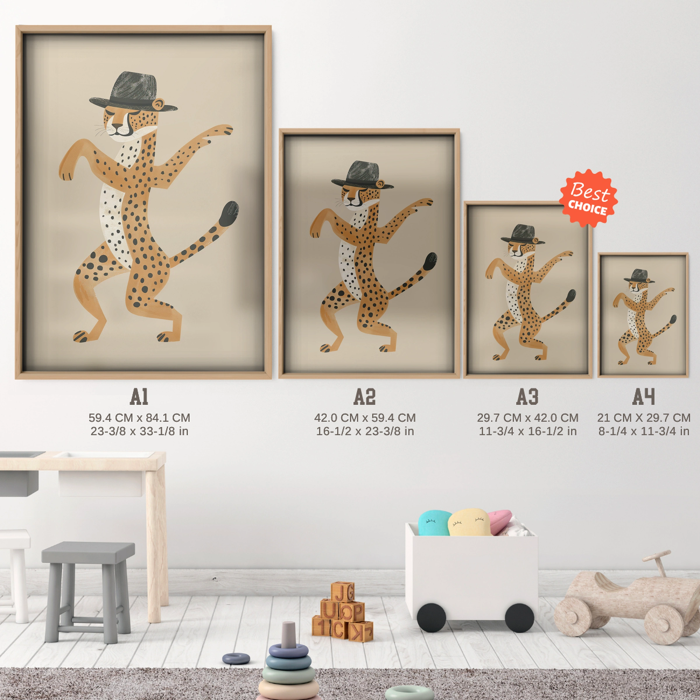 Dancing Cheetah Two Nursery Print - size guide A4 A3 A2 A1 nursery print