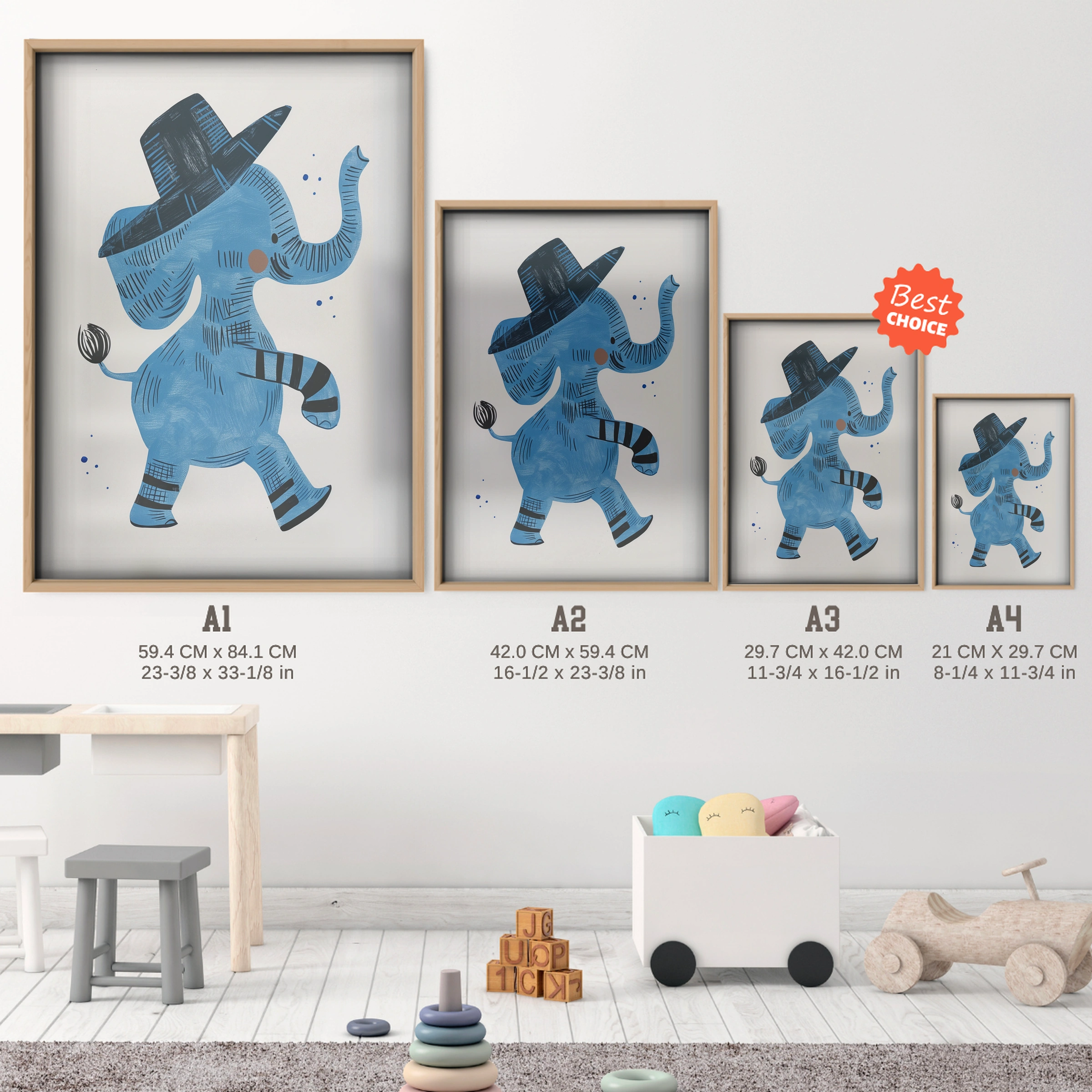 Dancing Elephant Nursery Print - size guide A4 A3 A2 A1 nursery print