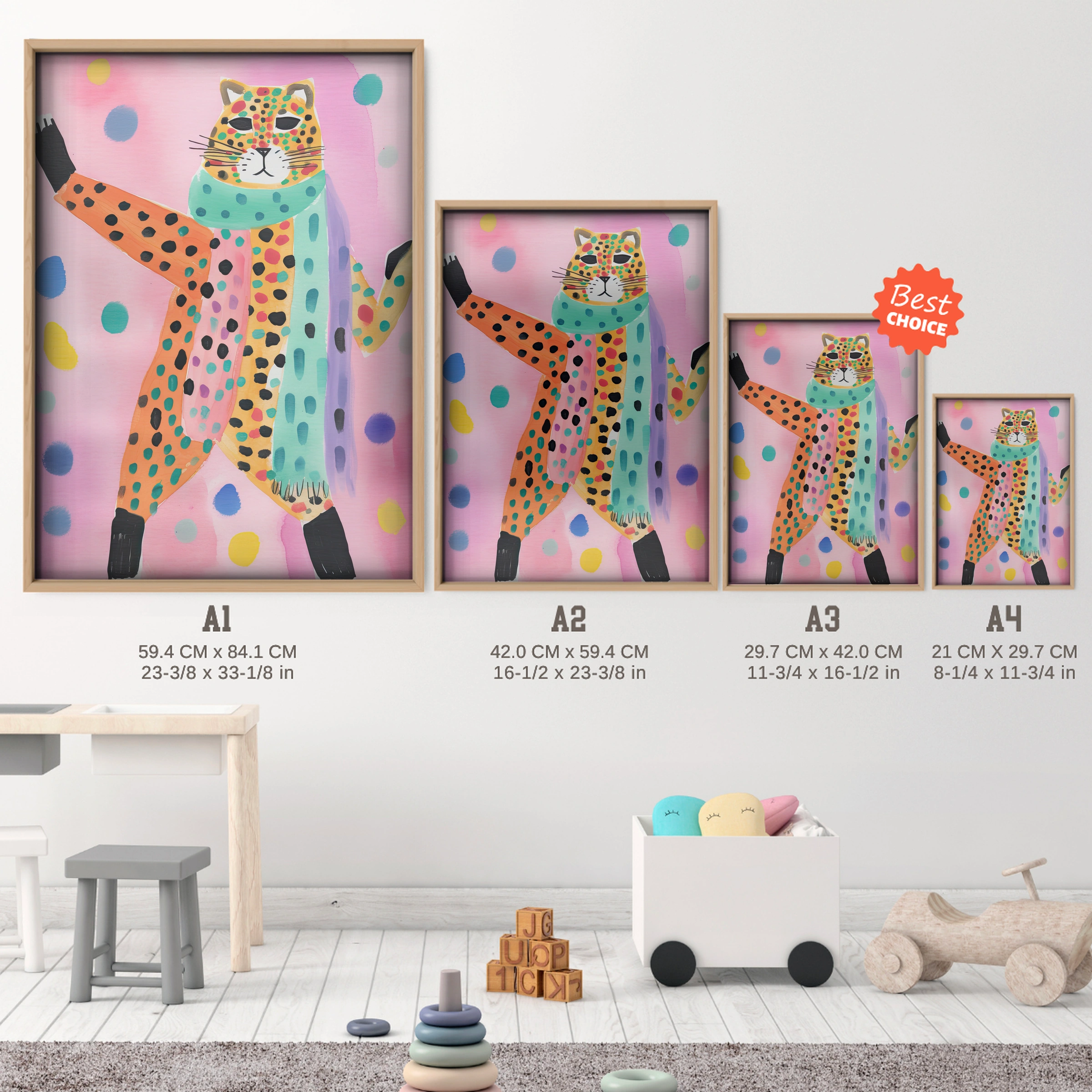 Dancing Leopard Nursery Print - size guide A4 A3 A2 A1 nursery print