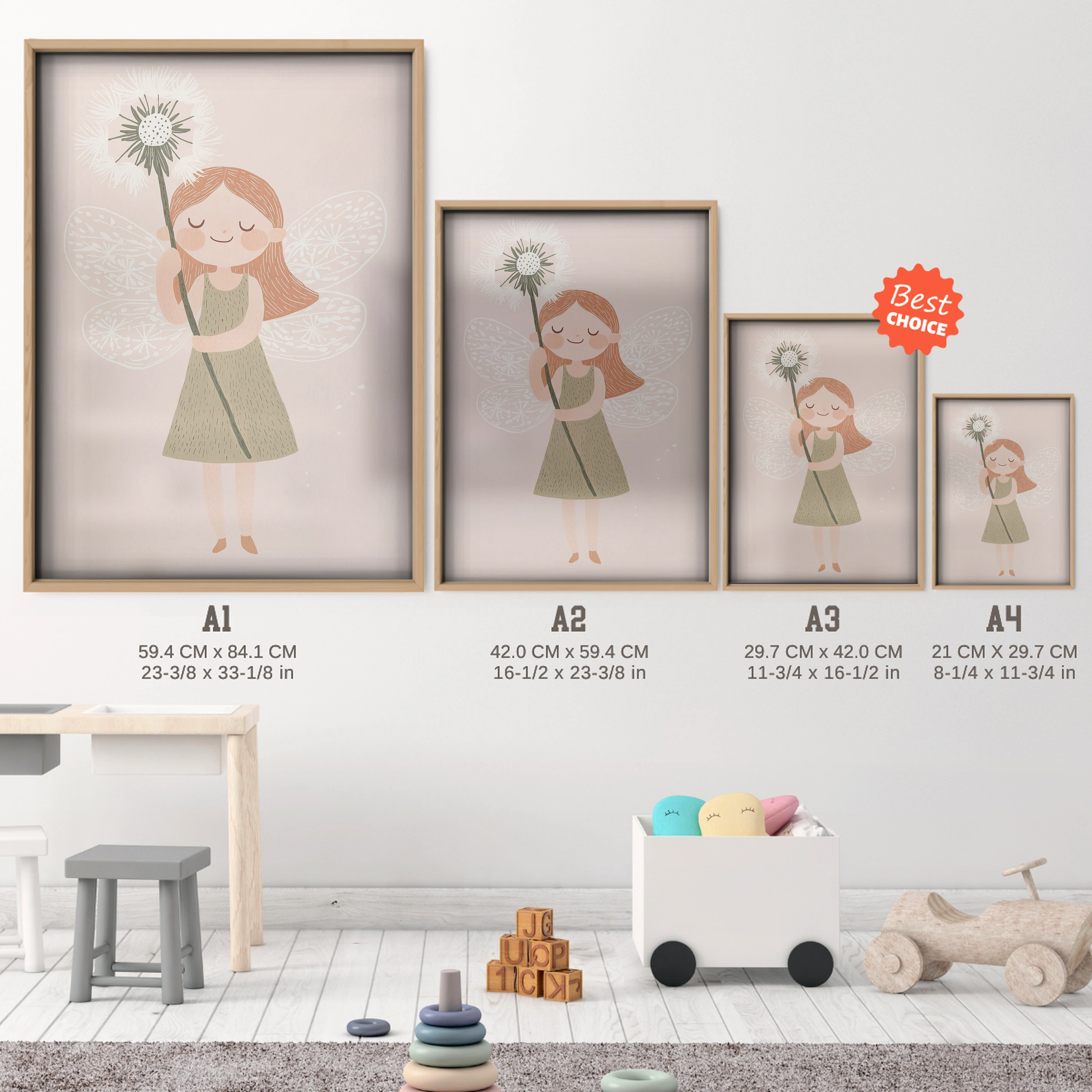 Dandelion Girl Nursery Print - size guide A4 A3 A2 A1 nursery print