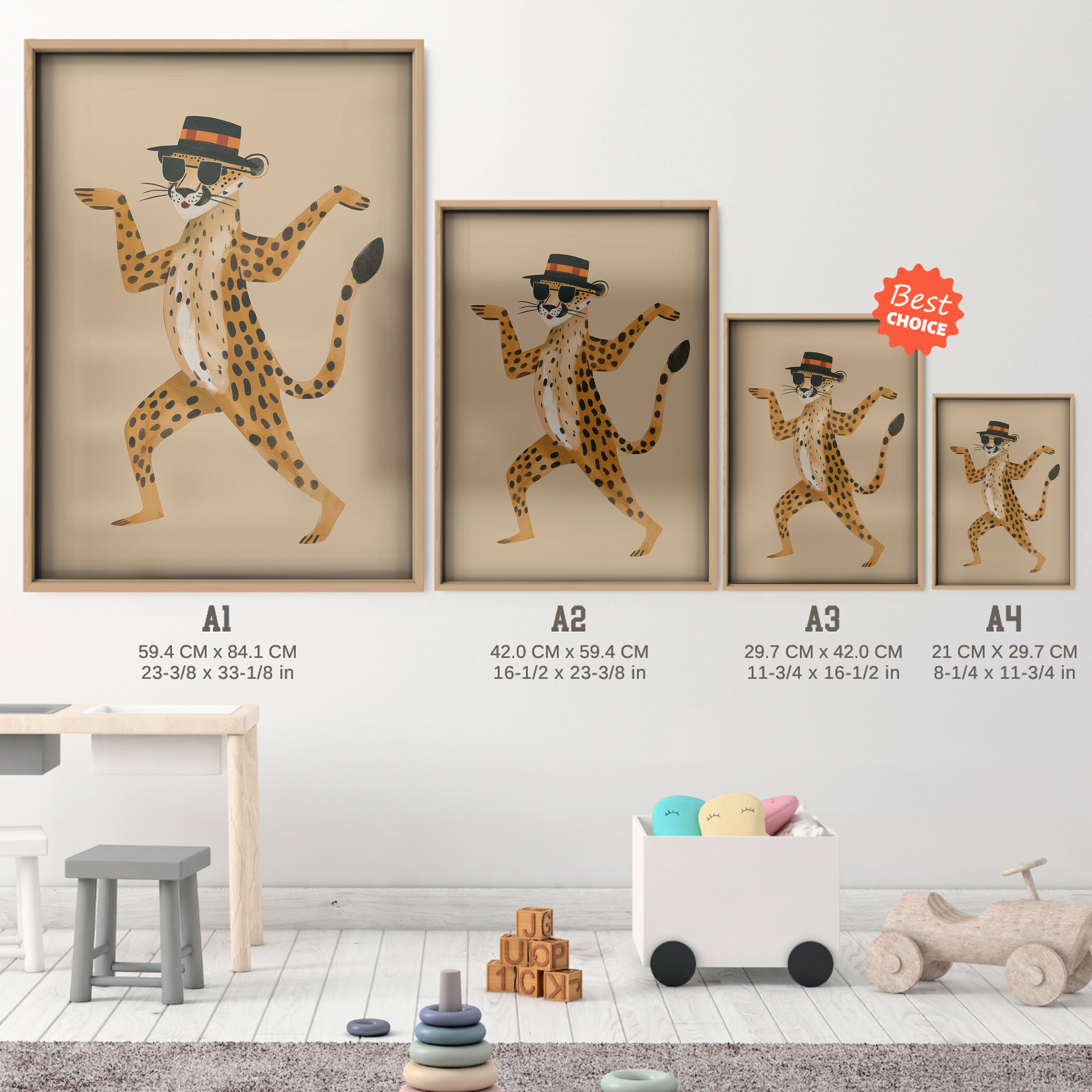 Dapper Cheetah Nursery Print - size guide A4 A3 A2 A1 nursery print