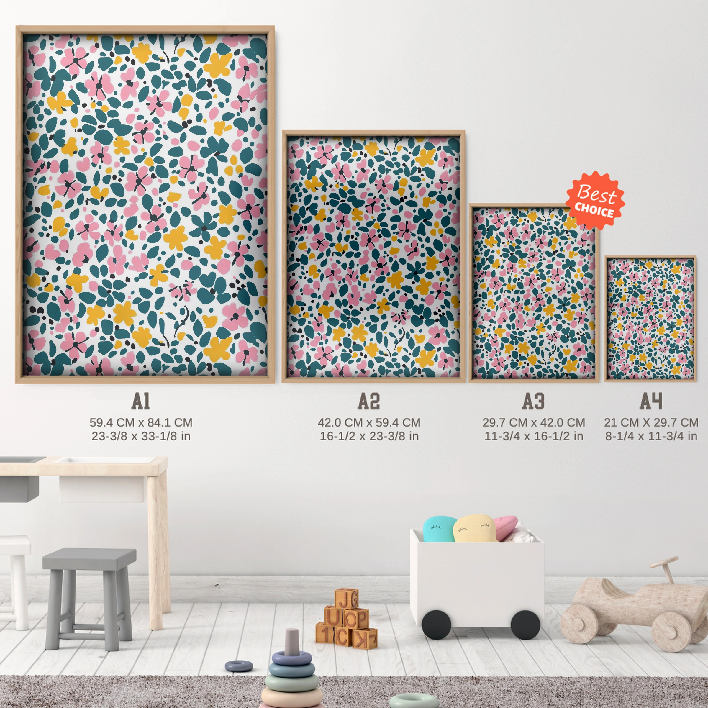 Dark Floral Nursery Print - size guide A4 A3 A2 A1 nursery print