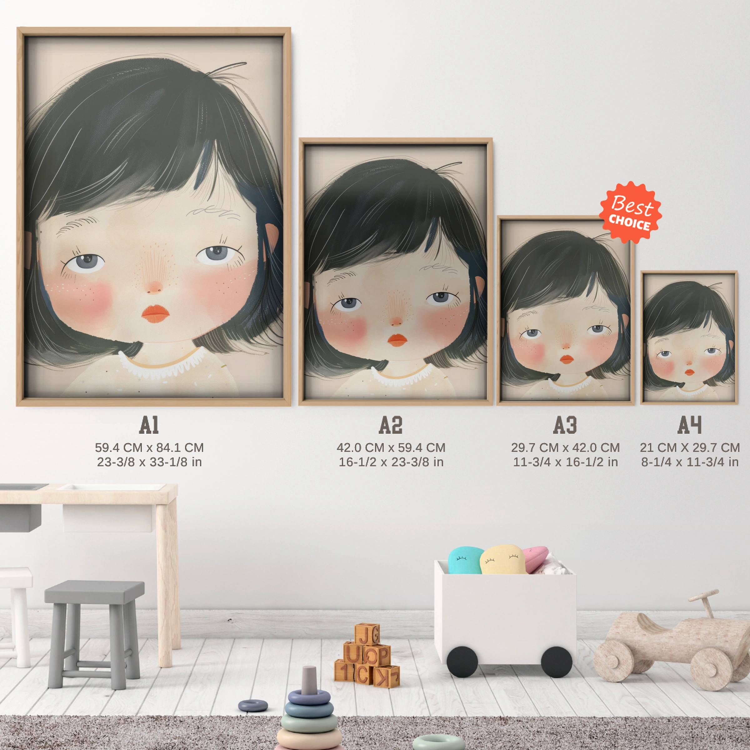 Dark Hair Girl Portrait Nursery Print - size guide A4 A3 A2 A1 nursery print