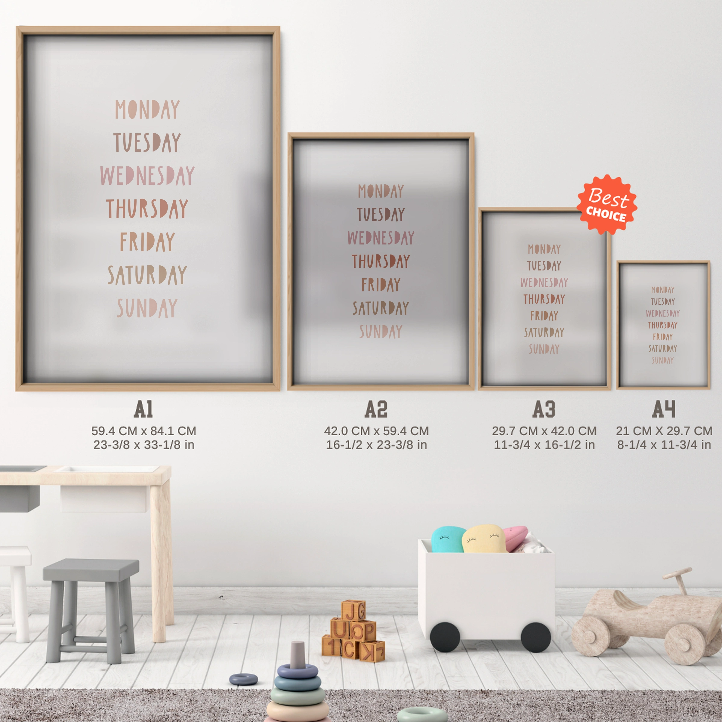 Days of the Week Nursery Print - size guide A4 A3 A2 A1 nursery print