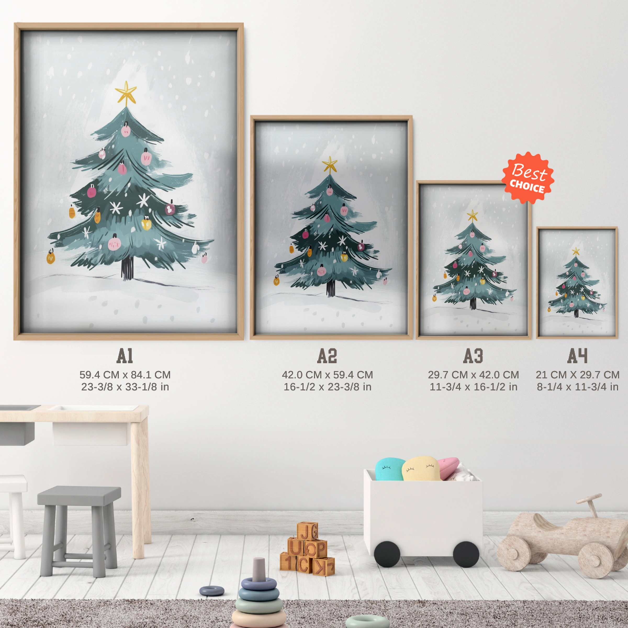 Decorated Christmas Tree Print - size guide A4 A3 A2 A1 nursery print