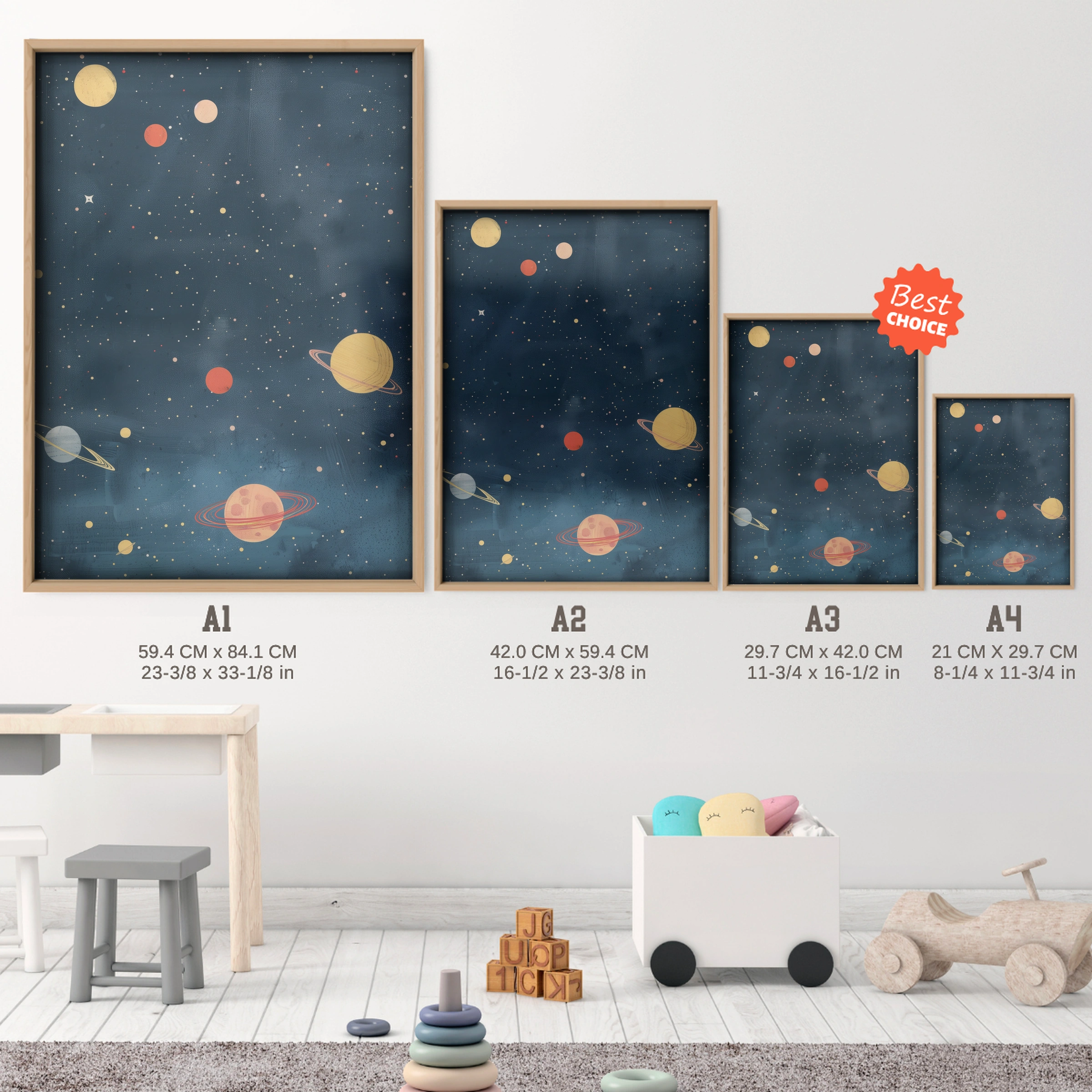 Deep Space Nursery Print - size guide A4 A3 A2 A1 nursery print