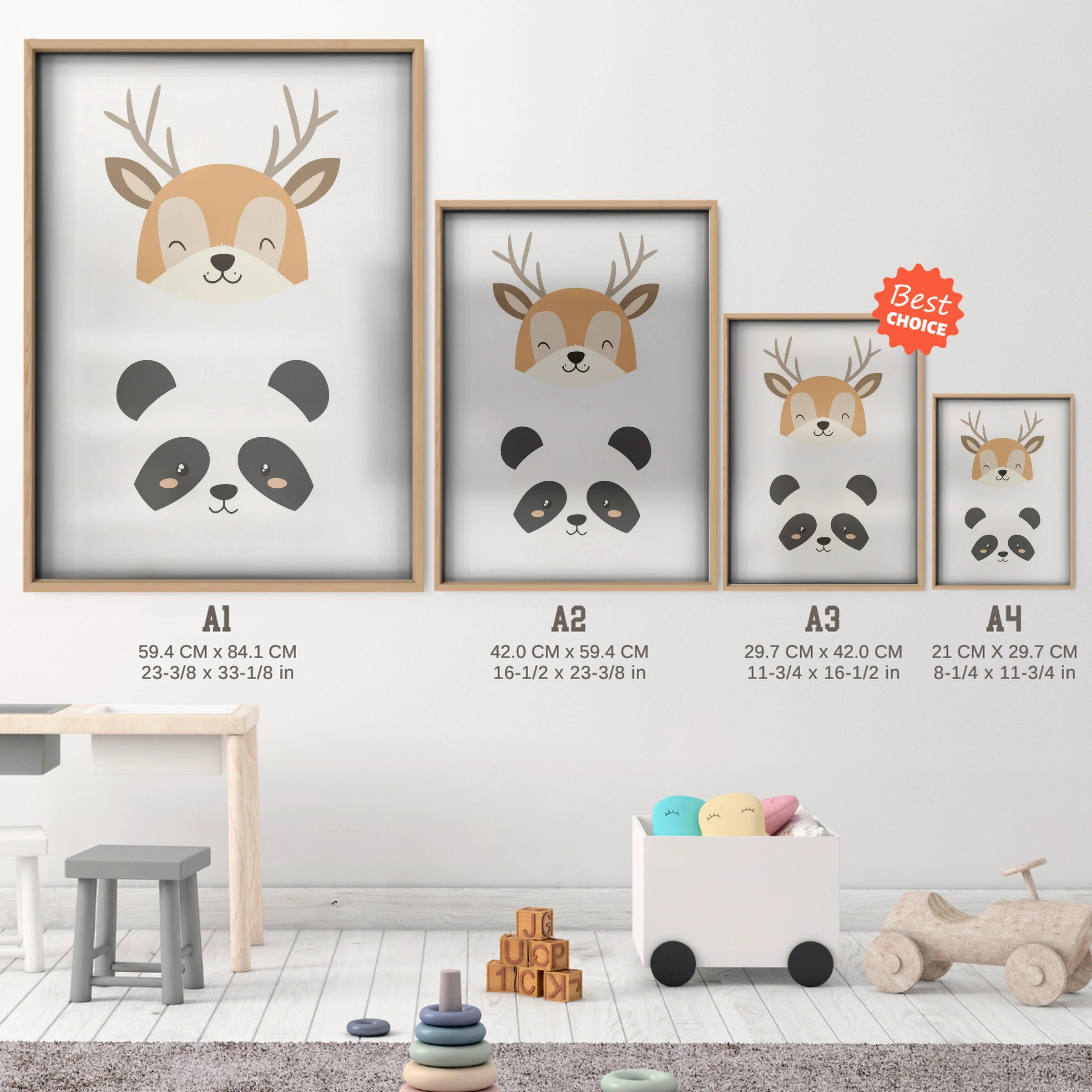 Deer and Panda Nursery Print - size guide A4 A3 A2 A1 nursery print