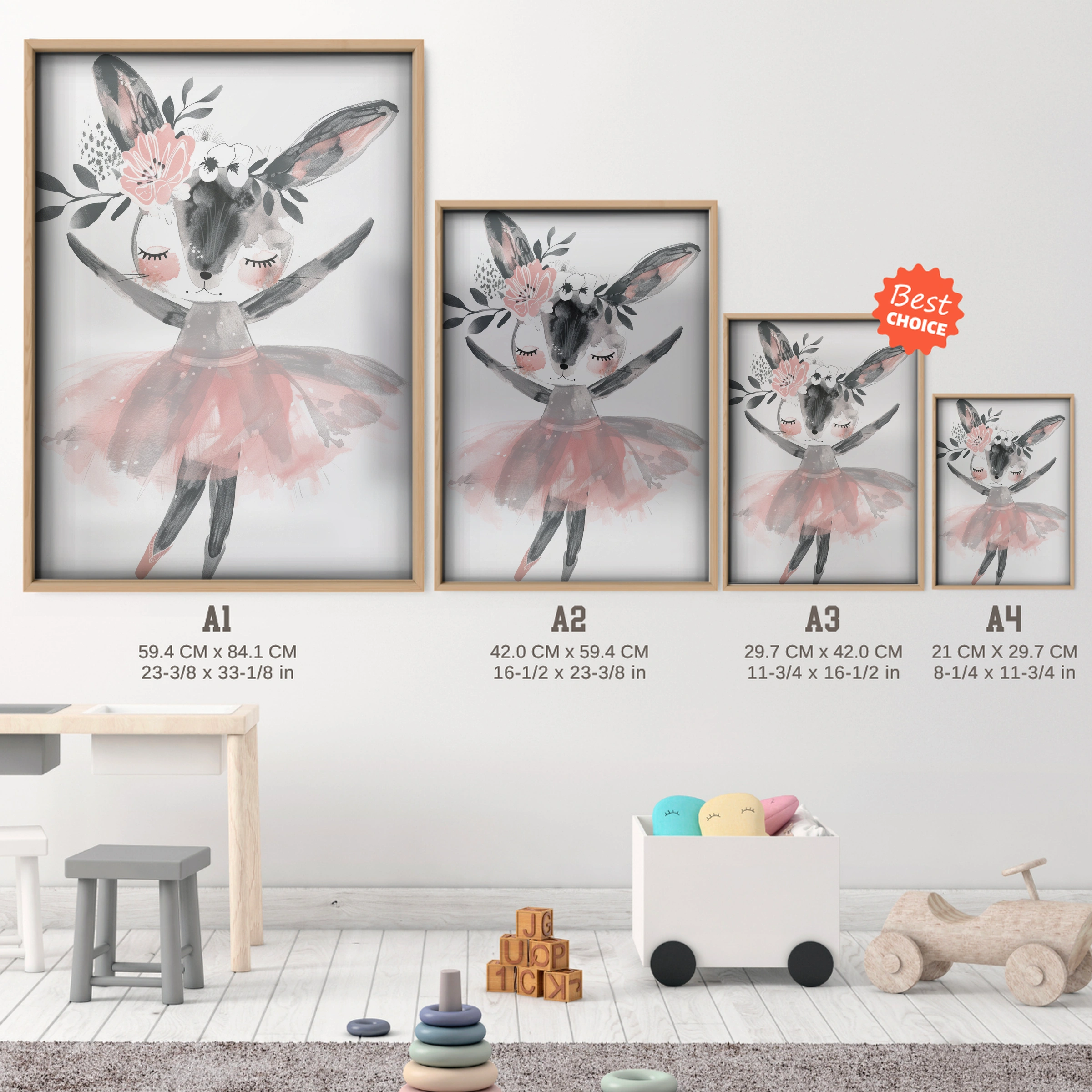 Deer Ballerina Nursery Print - size guide A4 A3 A2 A1 nursery print