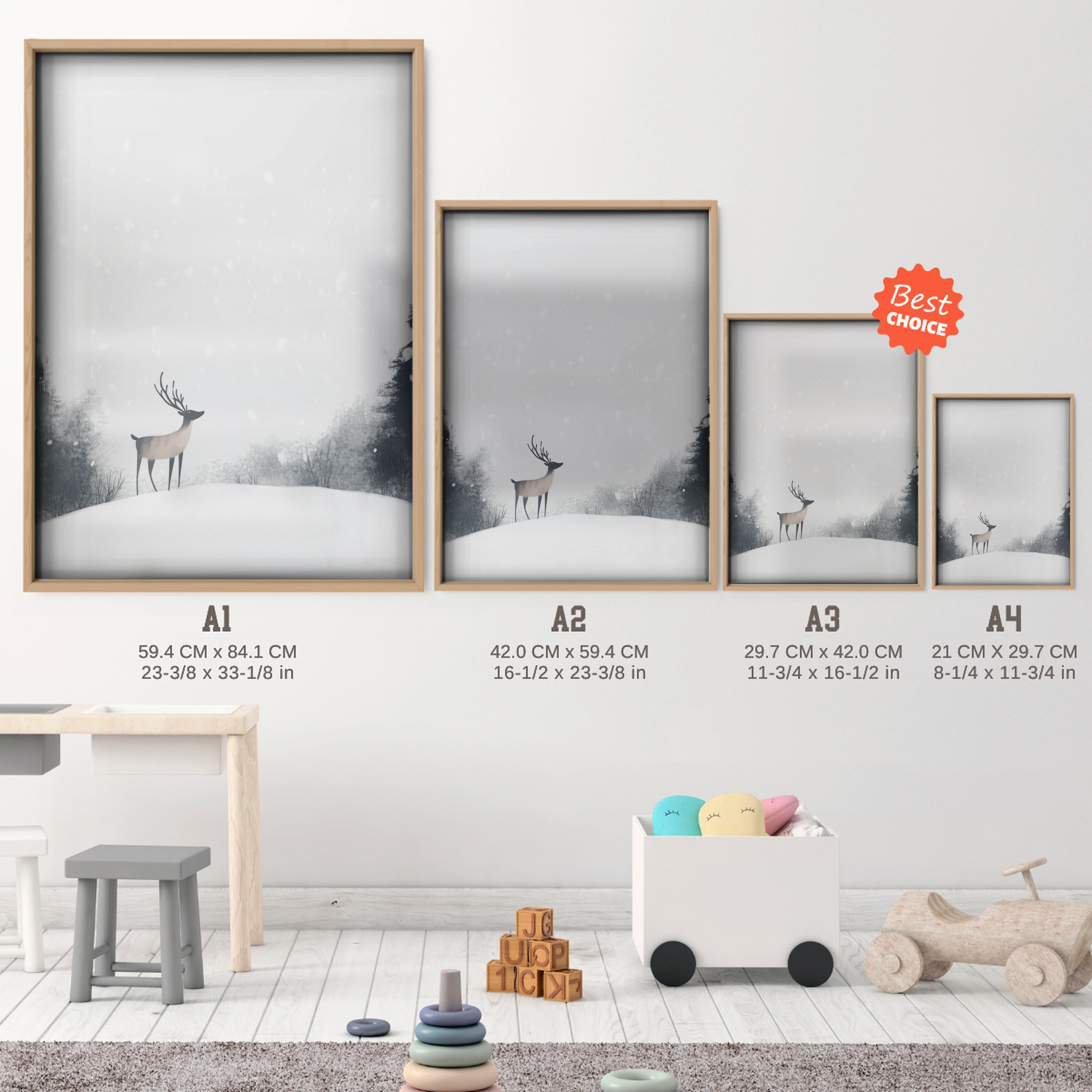 Deer in the Snow Christmas Print - size guide A4 A3 A2 A1 nursery print