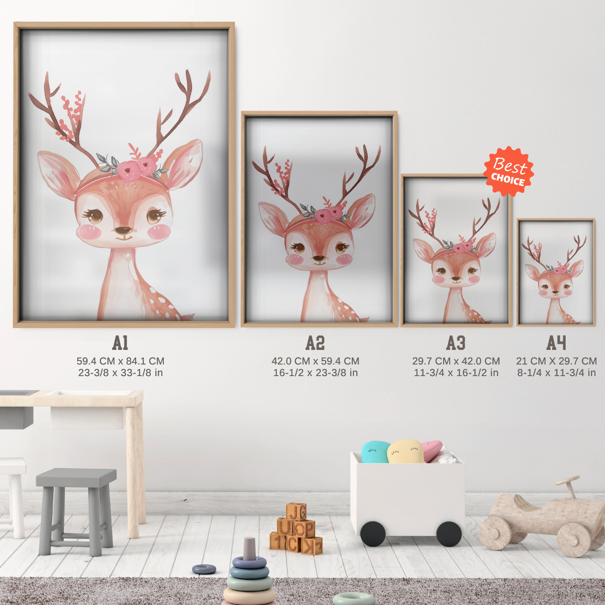 Deer with Flowers Nursery Print - size guide A4 A3 A2 A1 nursery print