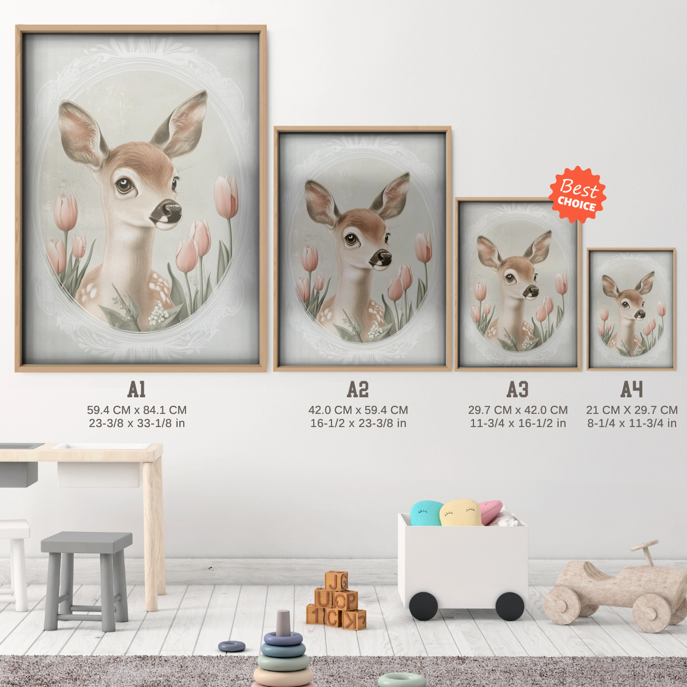 Deer with Tulips Nursery Print - size guide A4 A3 A2 A1 nursery print