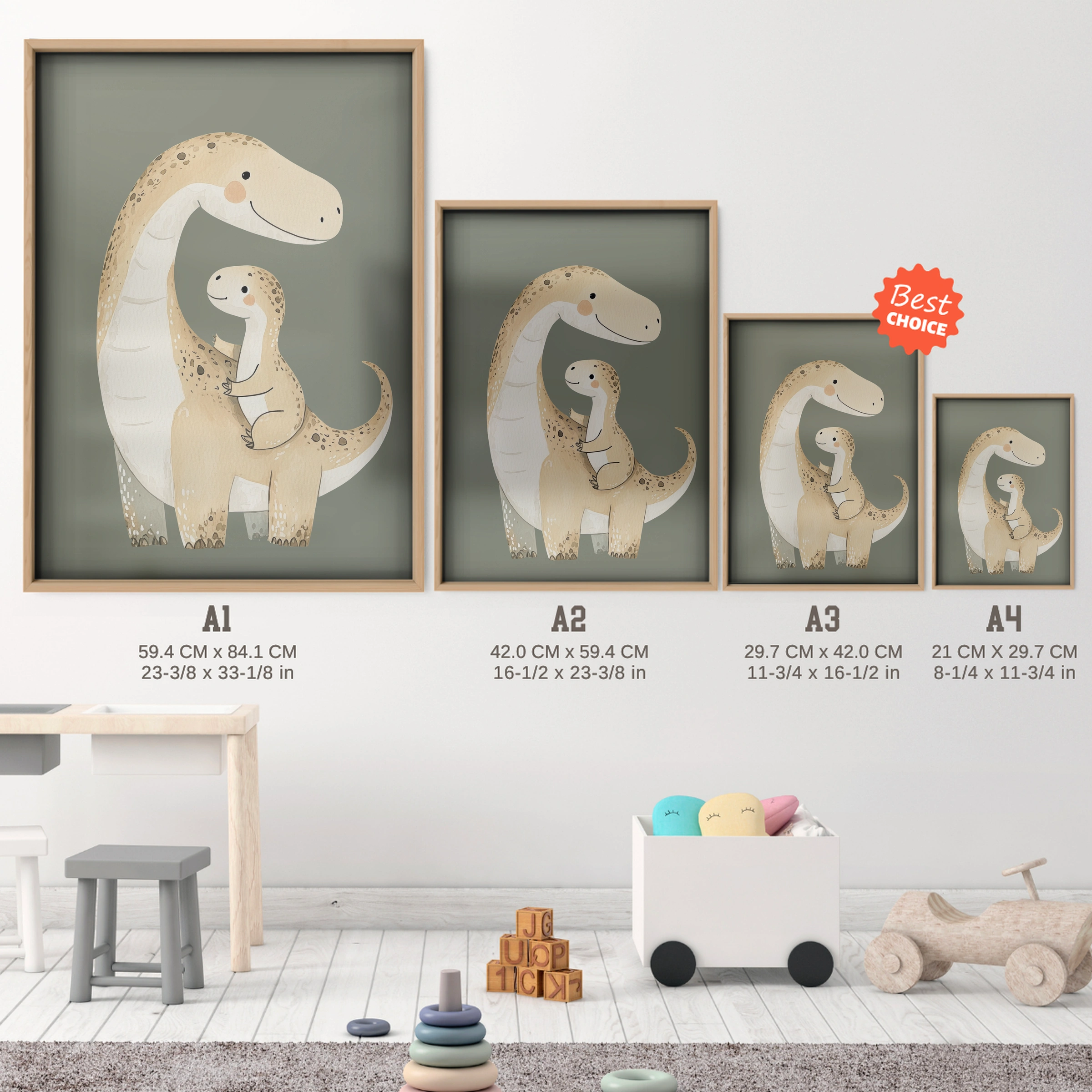 Dinosaur Friends Nursery Print - size guide A4 A3 A2 A1 nursery print