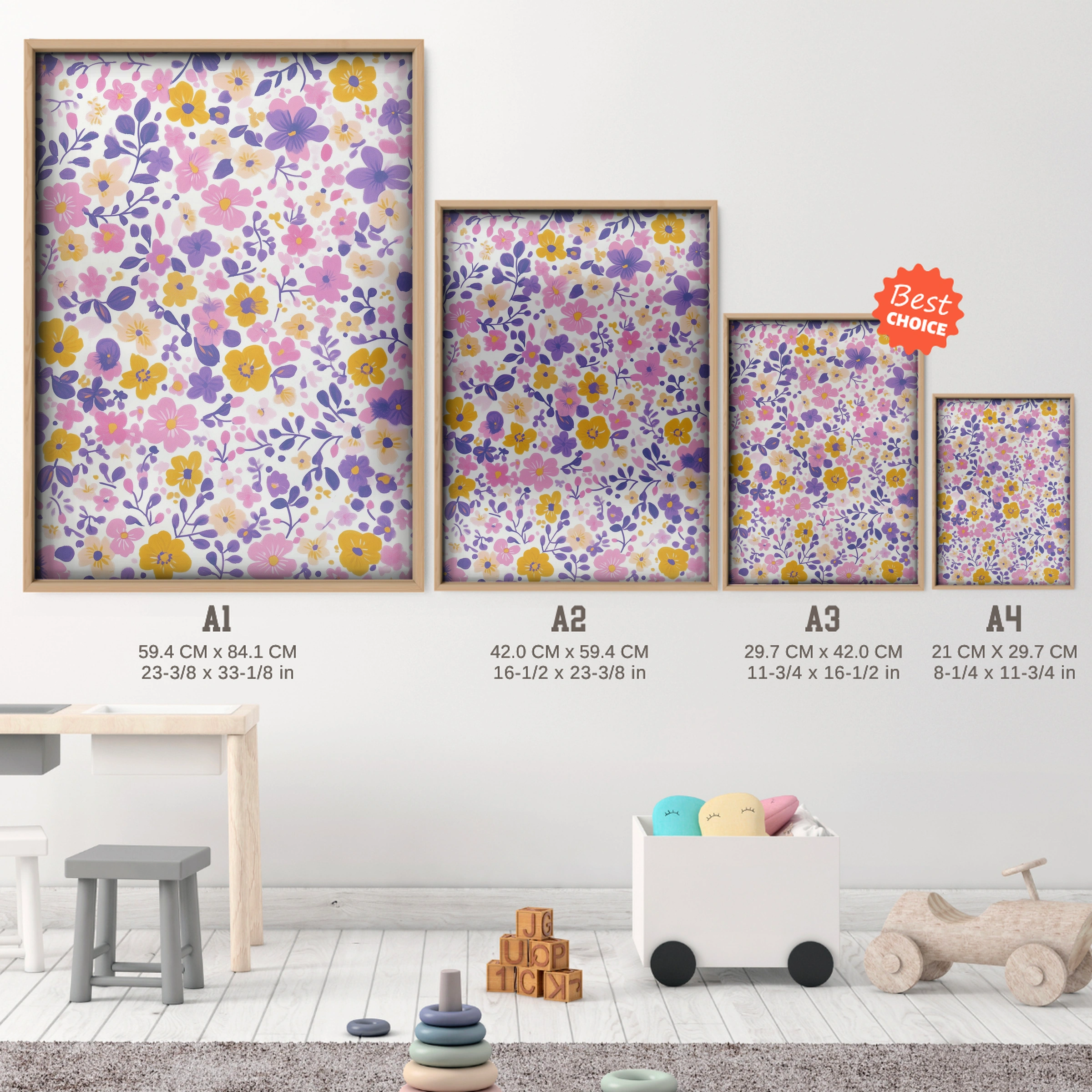 Ditsy Floral Nursery Print - size guide A4 A3 A2 A1 nursery print