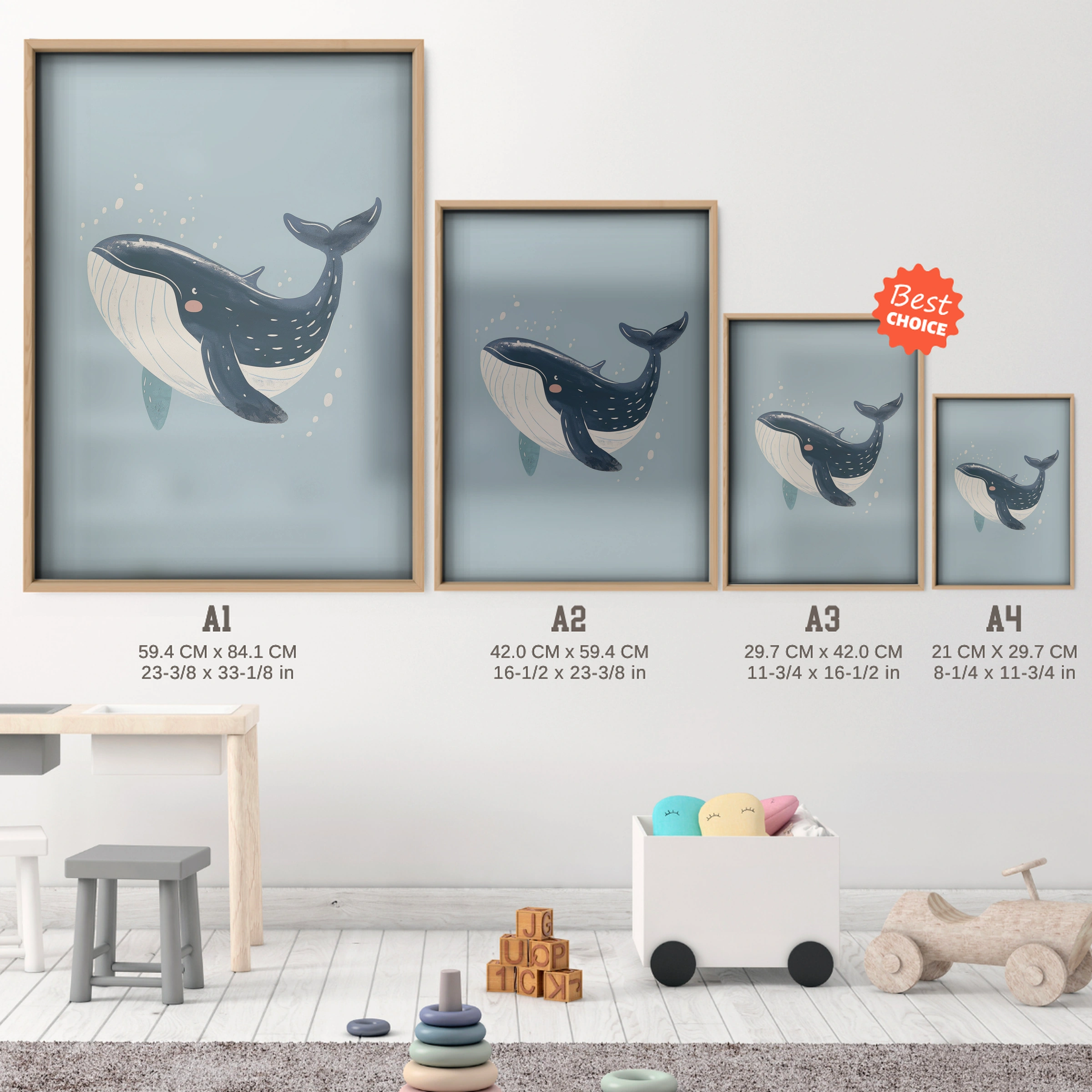 Diving Whale Nursery Print - size guide A4 A3 A2 A1 nursery print