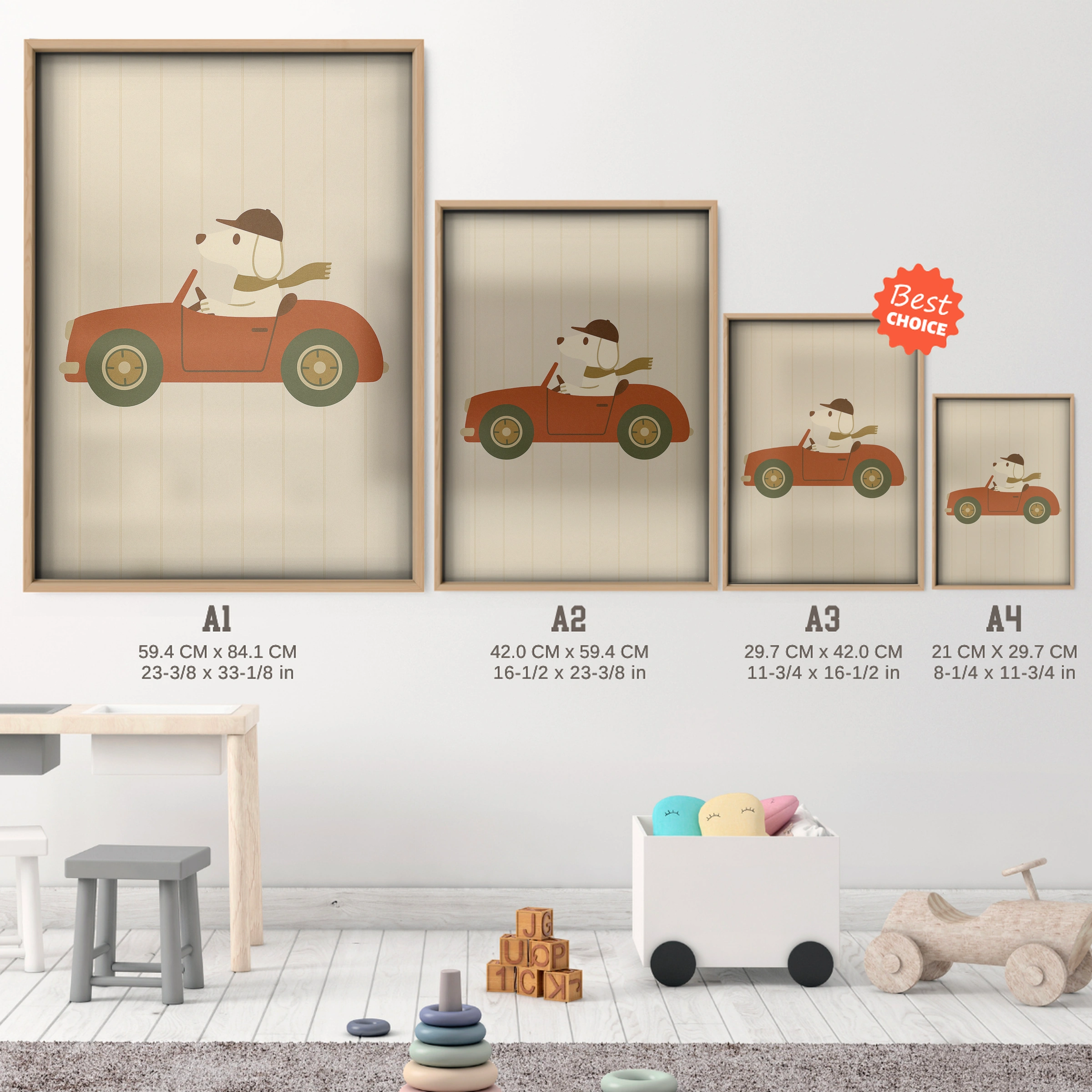 Dog Driving a Car Nursery Print - size guide A4 A3 A2 A1 nursery print