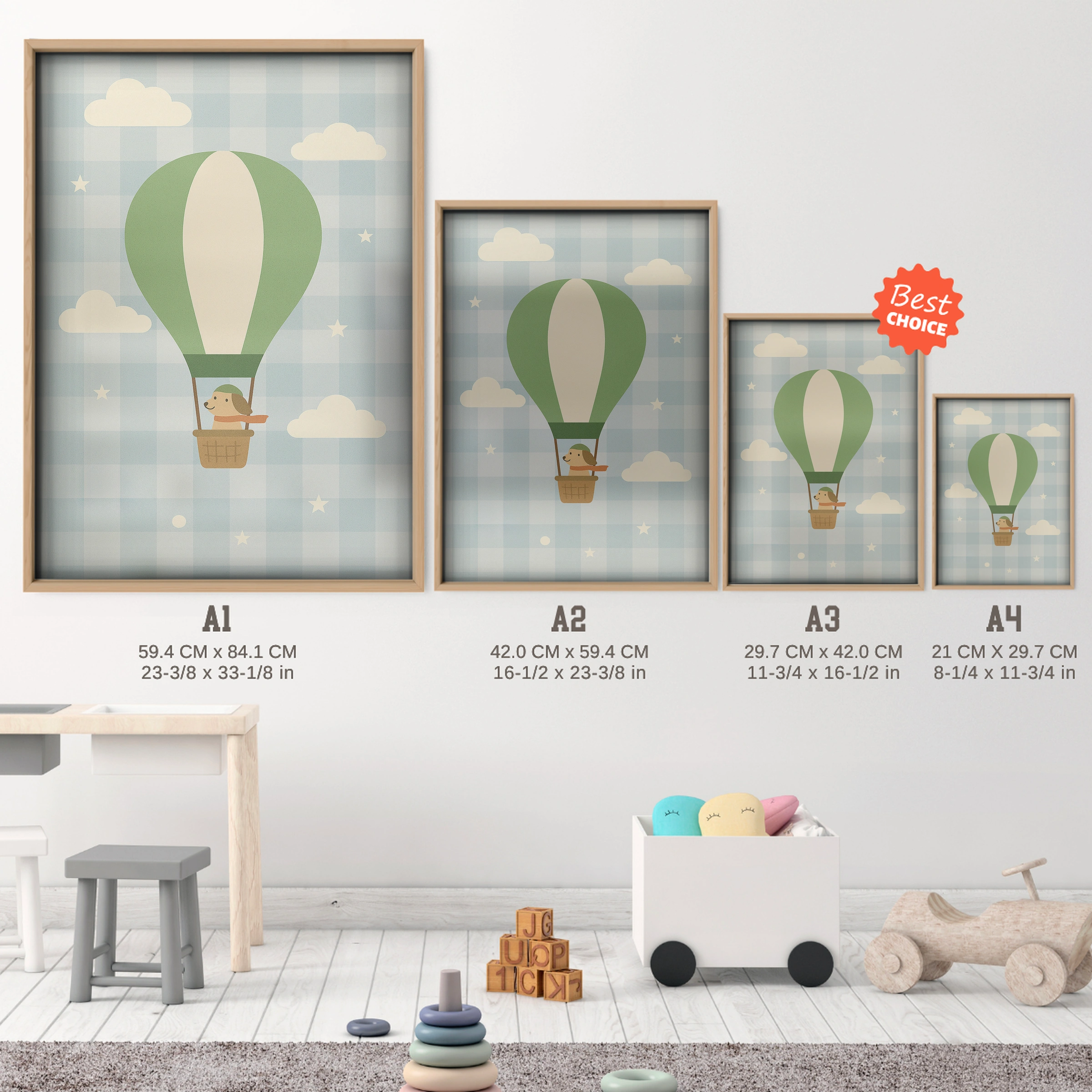 Dog Hot Air Balloon Nursery Print - size guide A4 A3 A2 A1 nursery print