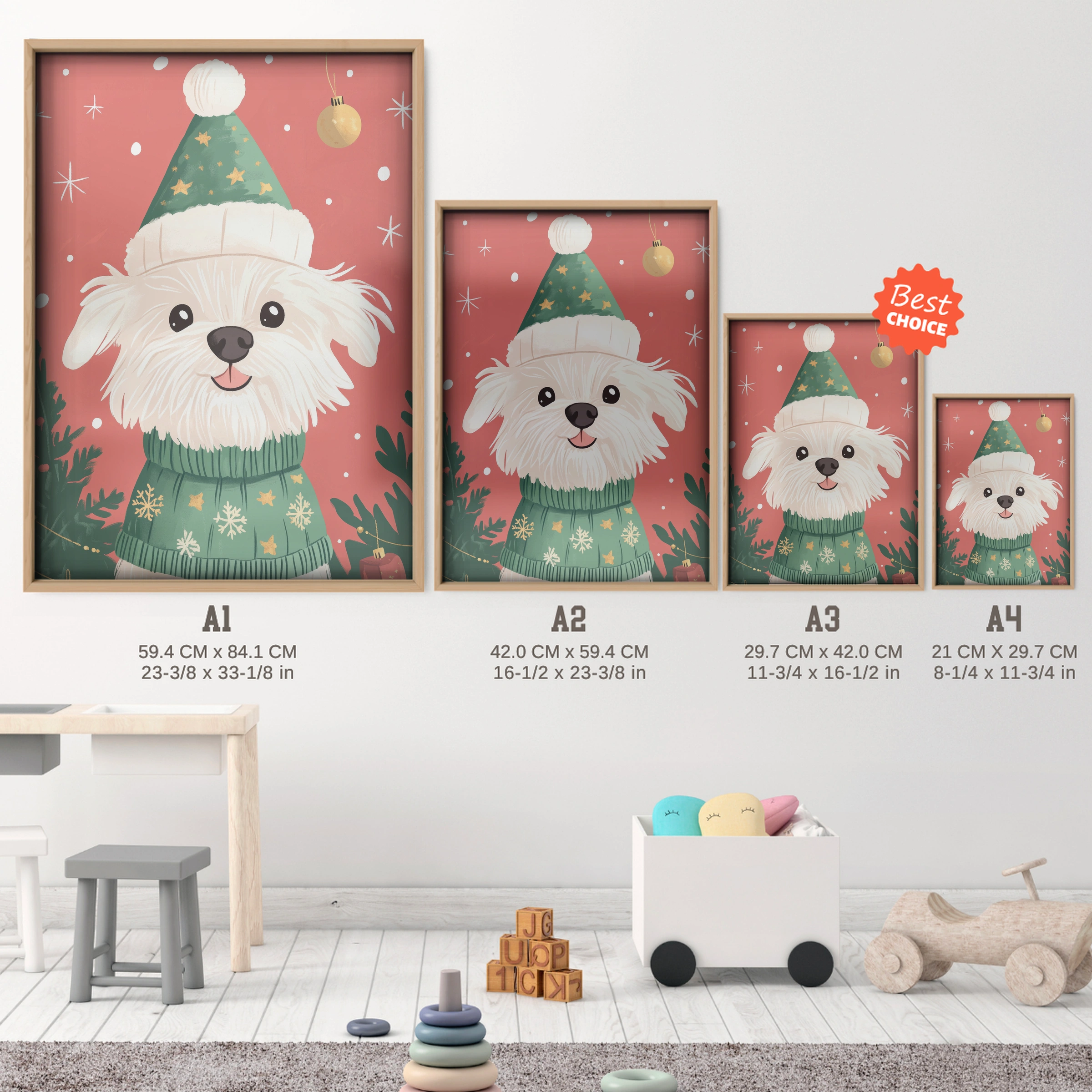 Dog in a Green Sweater Christmas Print - size guide A4 A3 A2 A1 nursery print