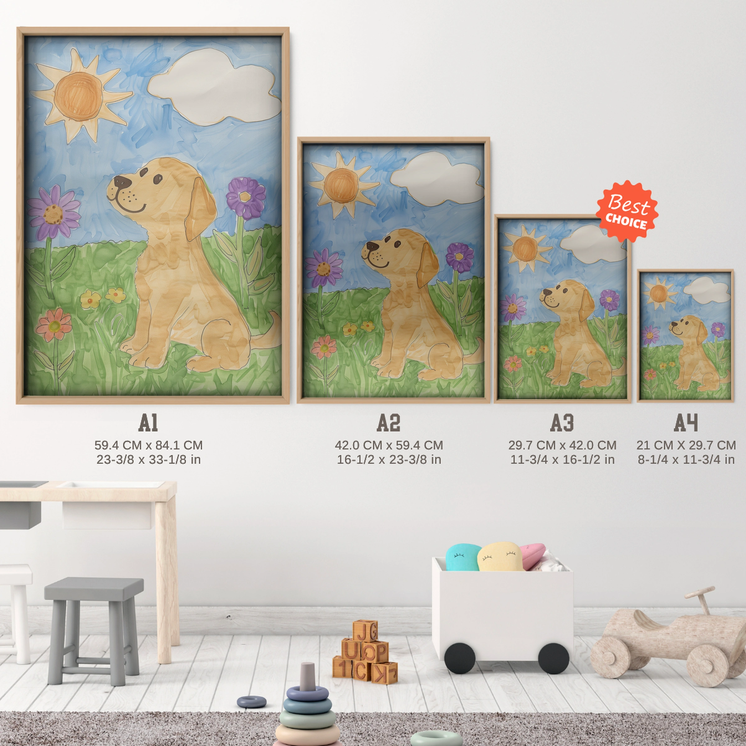 Dog in a Meadow Nursery Print - size guide A4 A3 A2 A1 nursery print
