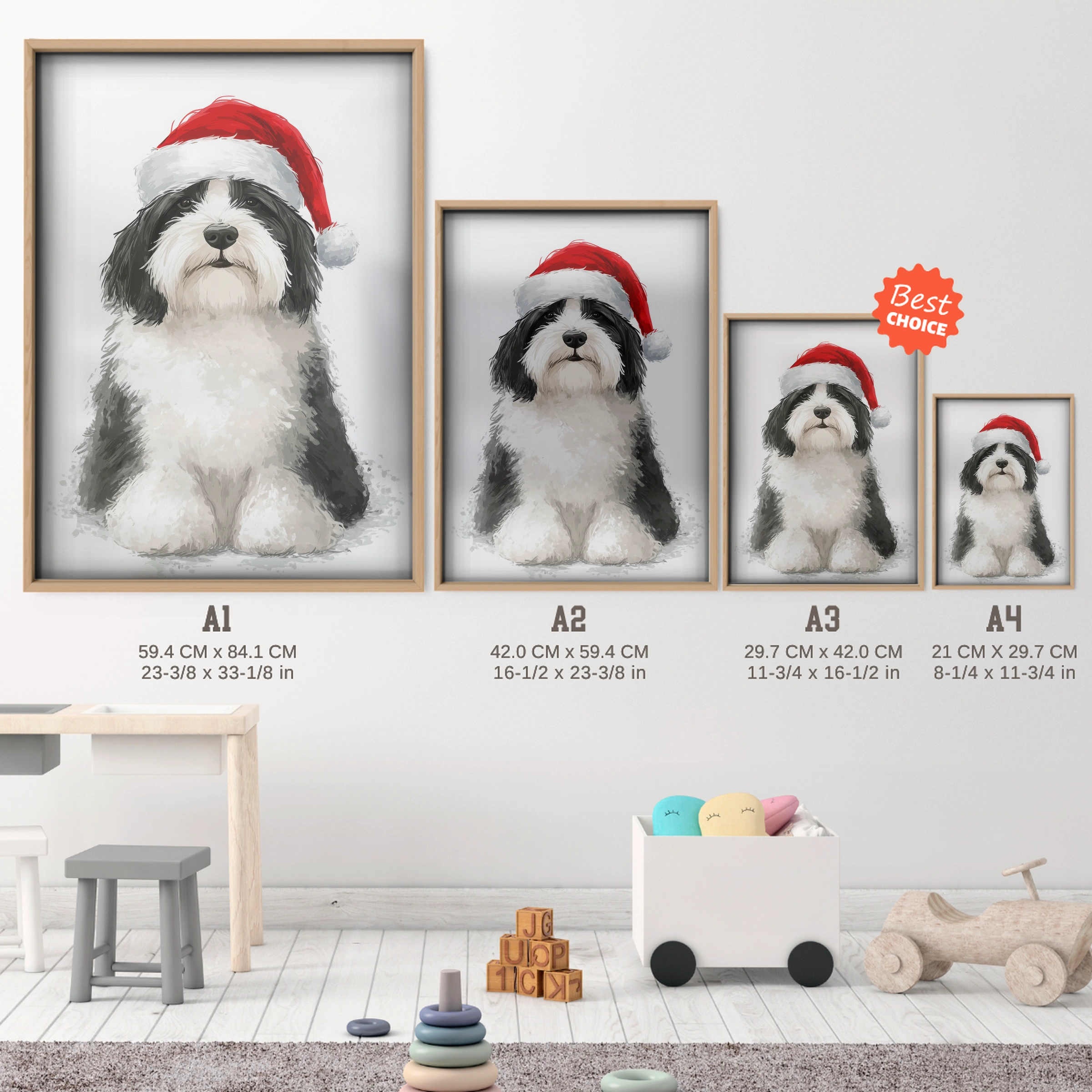 Dog in a Santa Hat Christmas Print - size guide A4 A3 A2 A1 nursery print