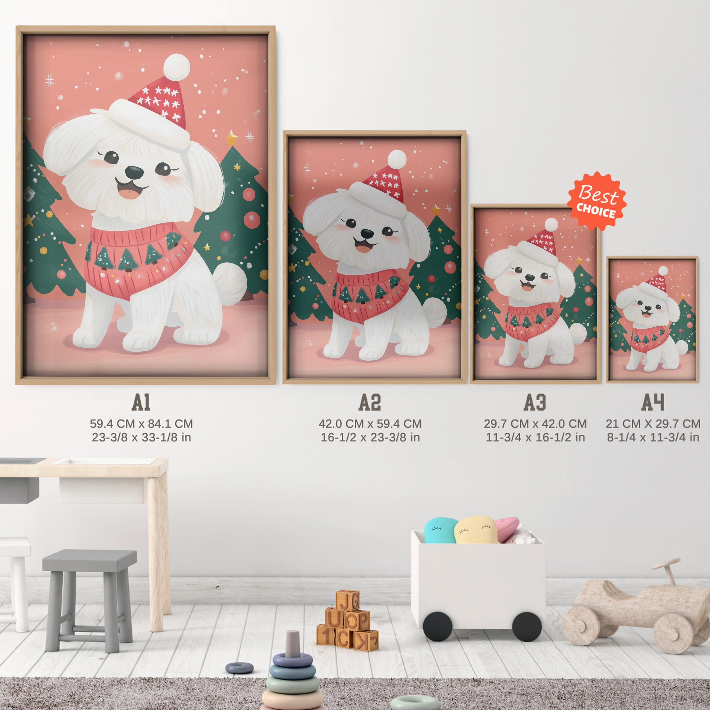 Dog in a Sweater Christmas Print - size guide A4 A3 A2 A1 nursery print