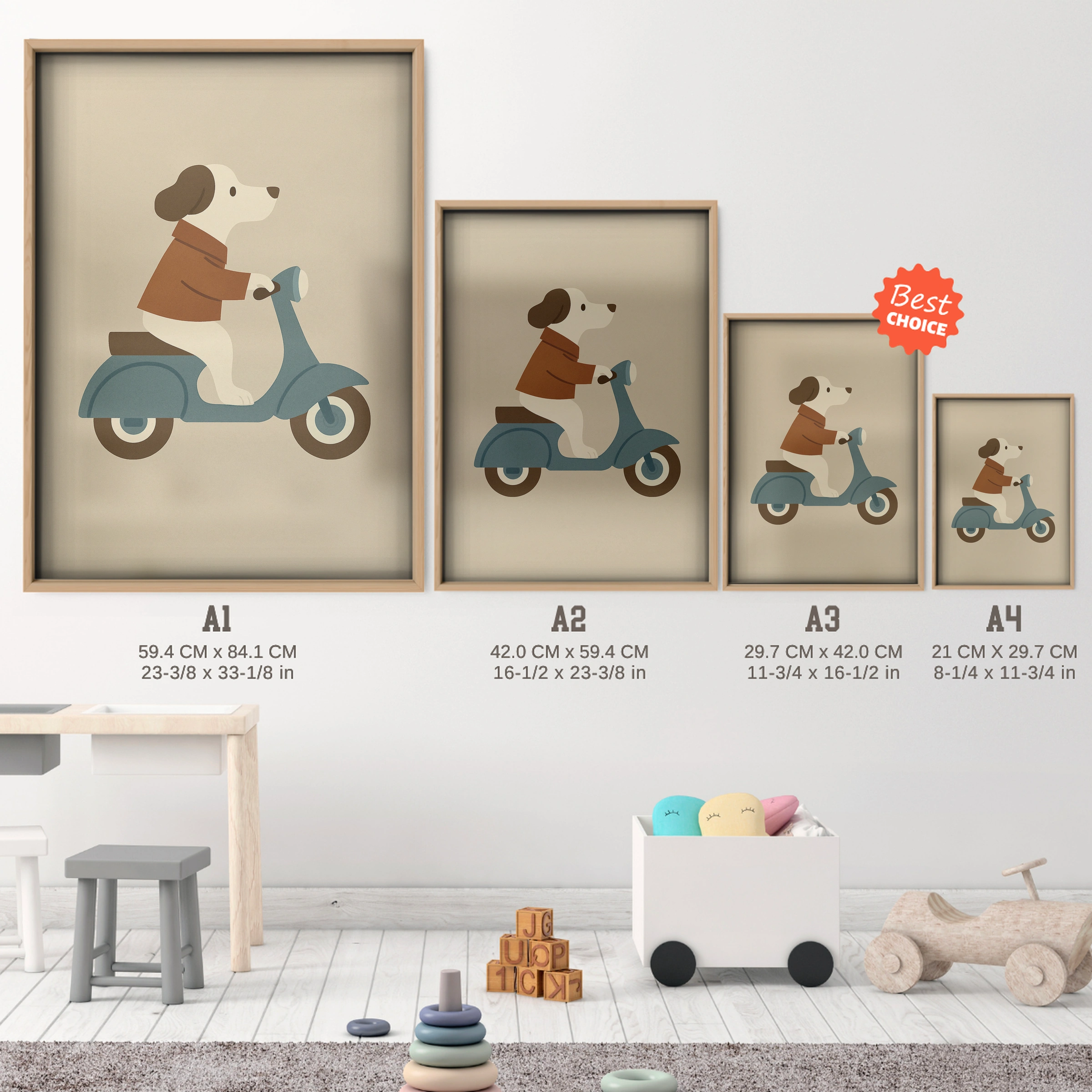 Dog on a Scooter Nursery Print - size guide A4 A3 A2 A1 nursery print