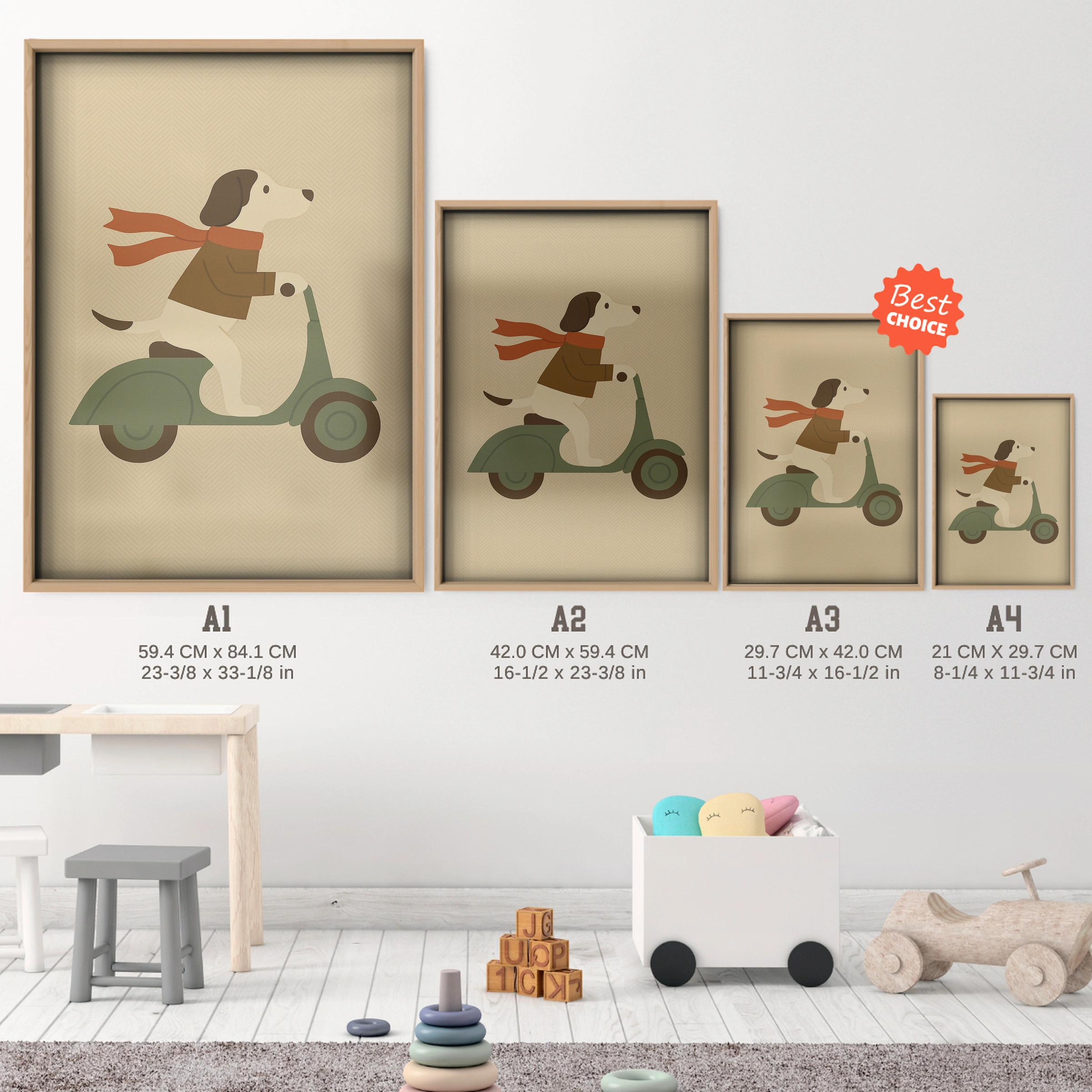 Dog on a Scooter Two Nursery Print - size guide A4 A3 A2 A1 nursery print