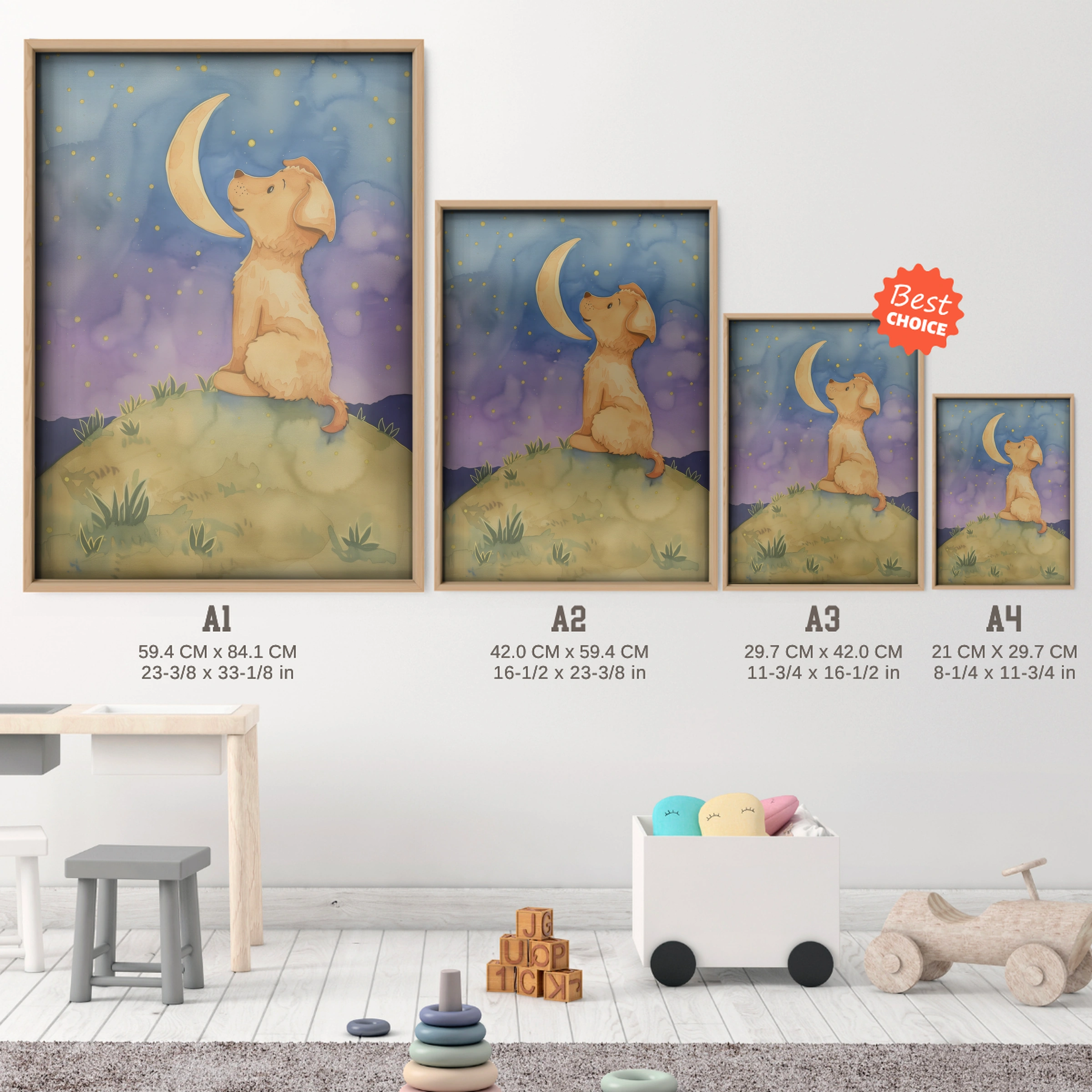 Dog Under the Moon Nursery Print - size guide A4 A3 A2 A1 nursery print