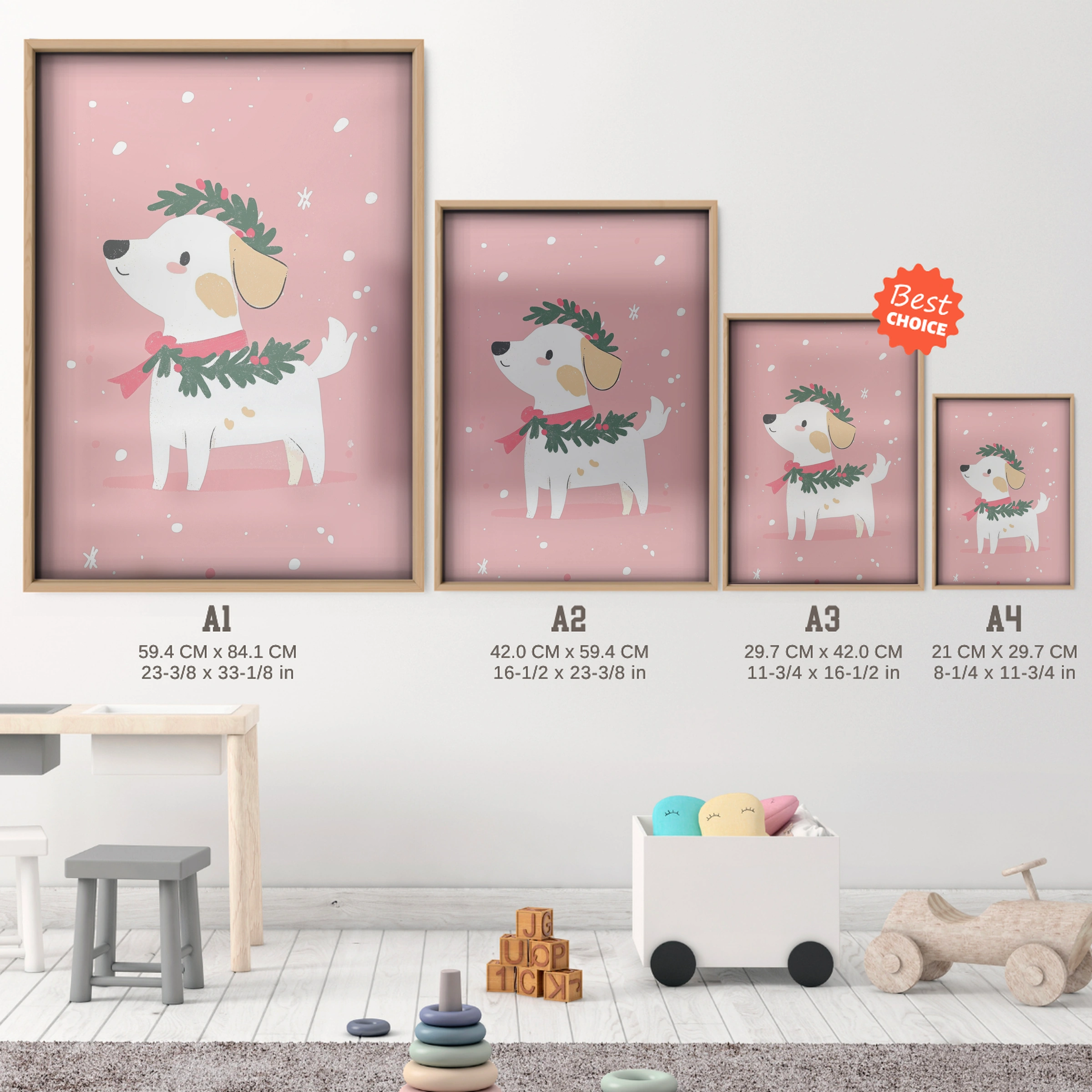 Dog with a Wreath Christmas Print - size guide A4 A3 A2 A1 nursery print