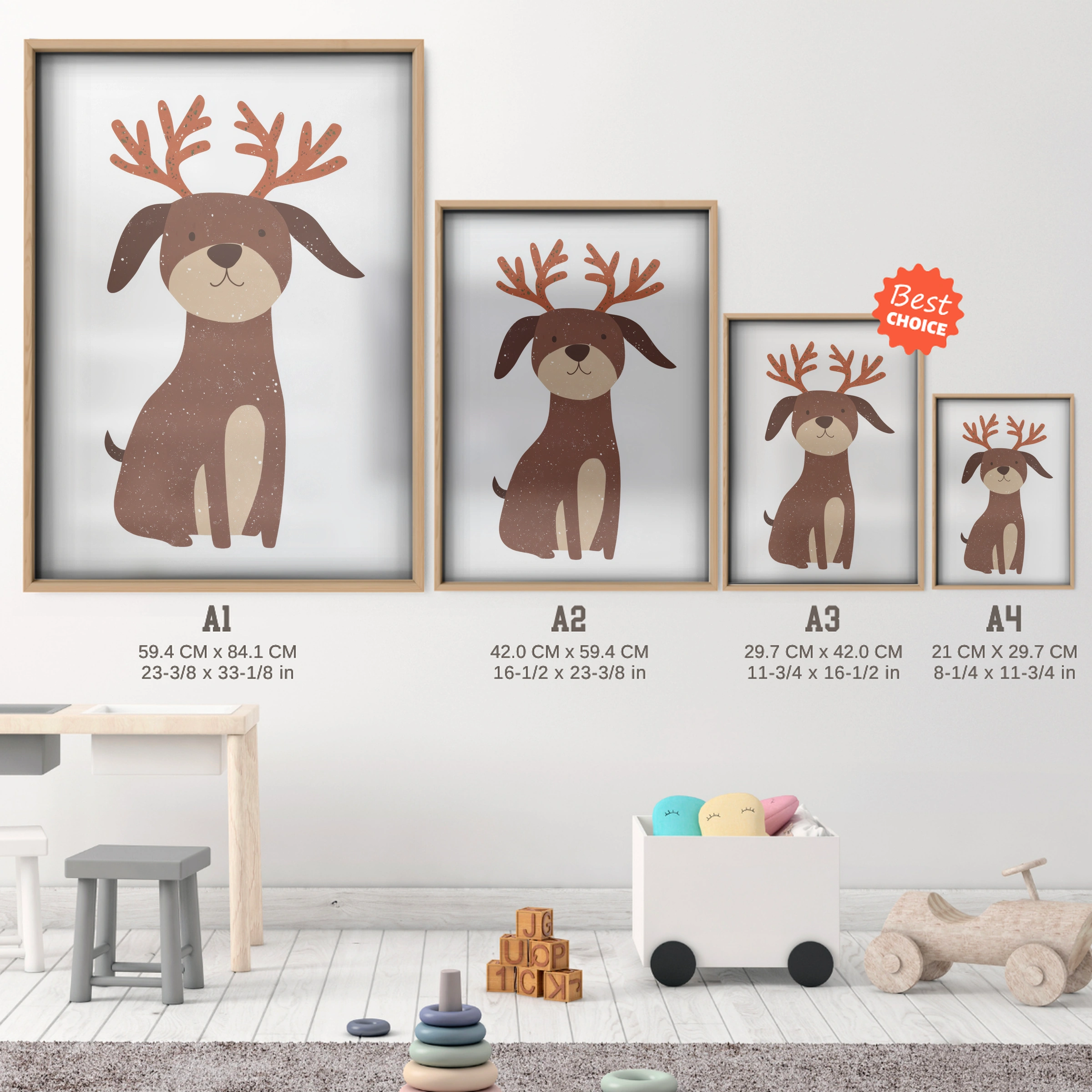 Dog with Antlers Christmas Print - size guide A4 A3 A2 A1 nursery print