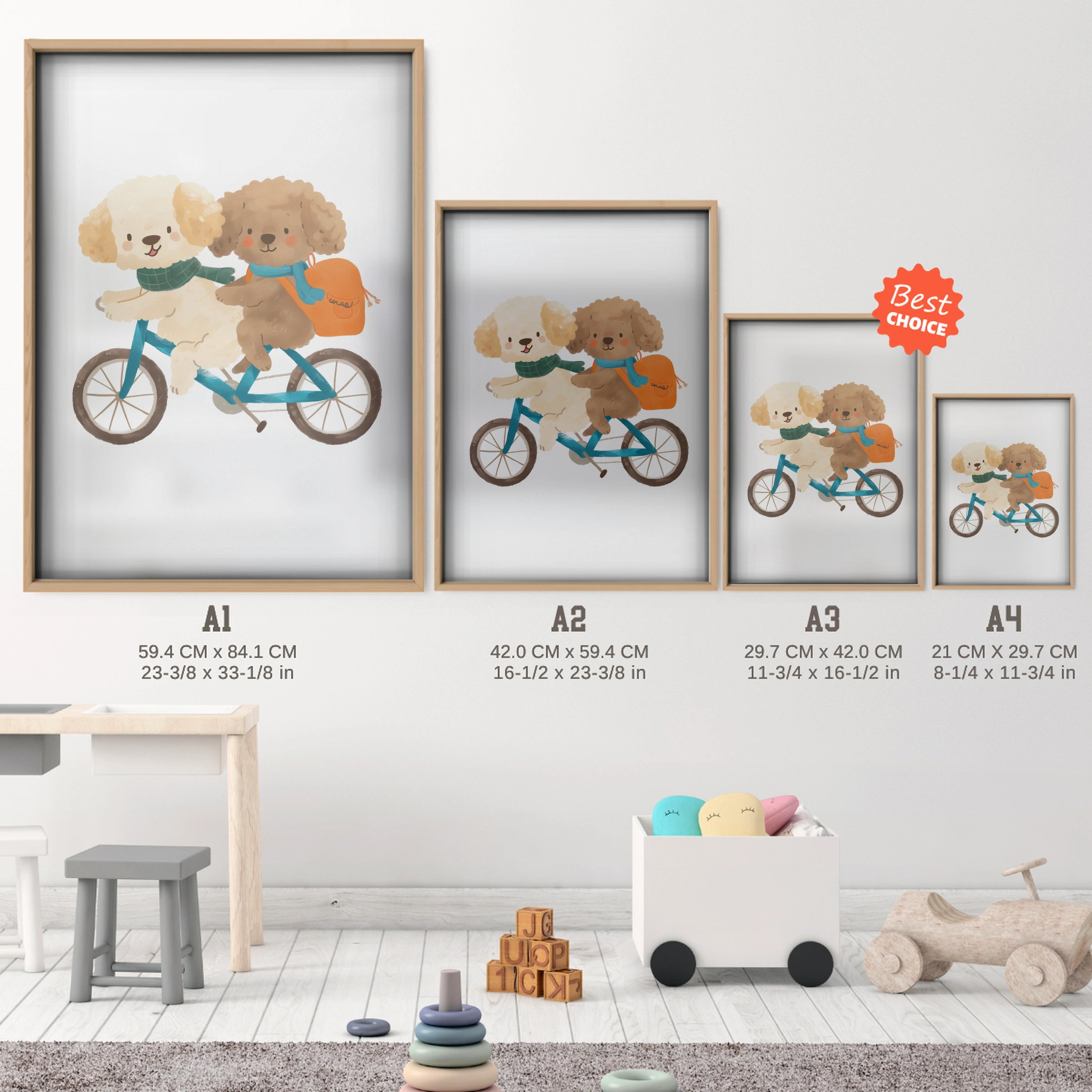 Dogs on a Bicycle Nursery Print - size guide A4 A3 A2 A1 nursery print